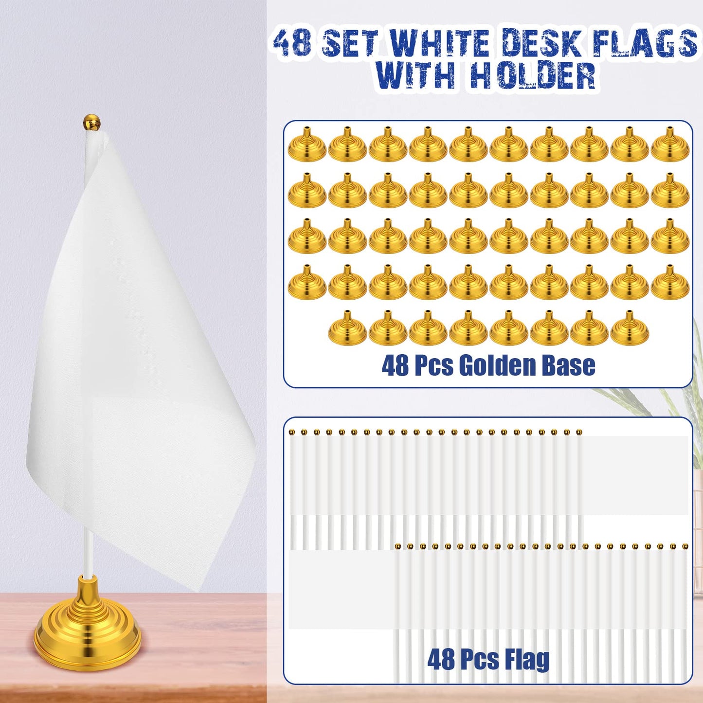 Tatuo 48 Pcs Mini White Desktop Flags on Stick with Stands 5.51 x 8.27 Office White Solid for DIY Craft Small Blank Desktop Flag with Pole for 4th of July Event Celebration