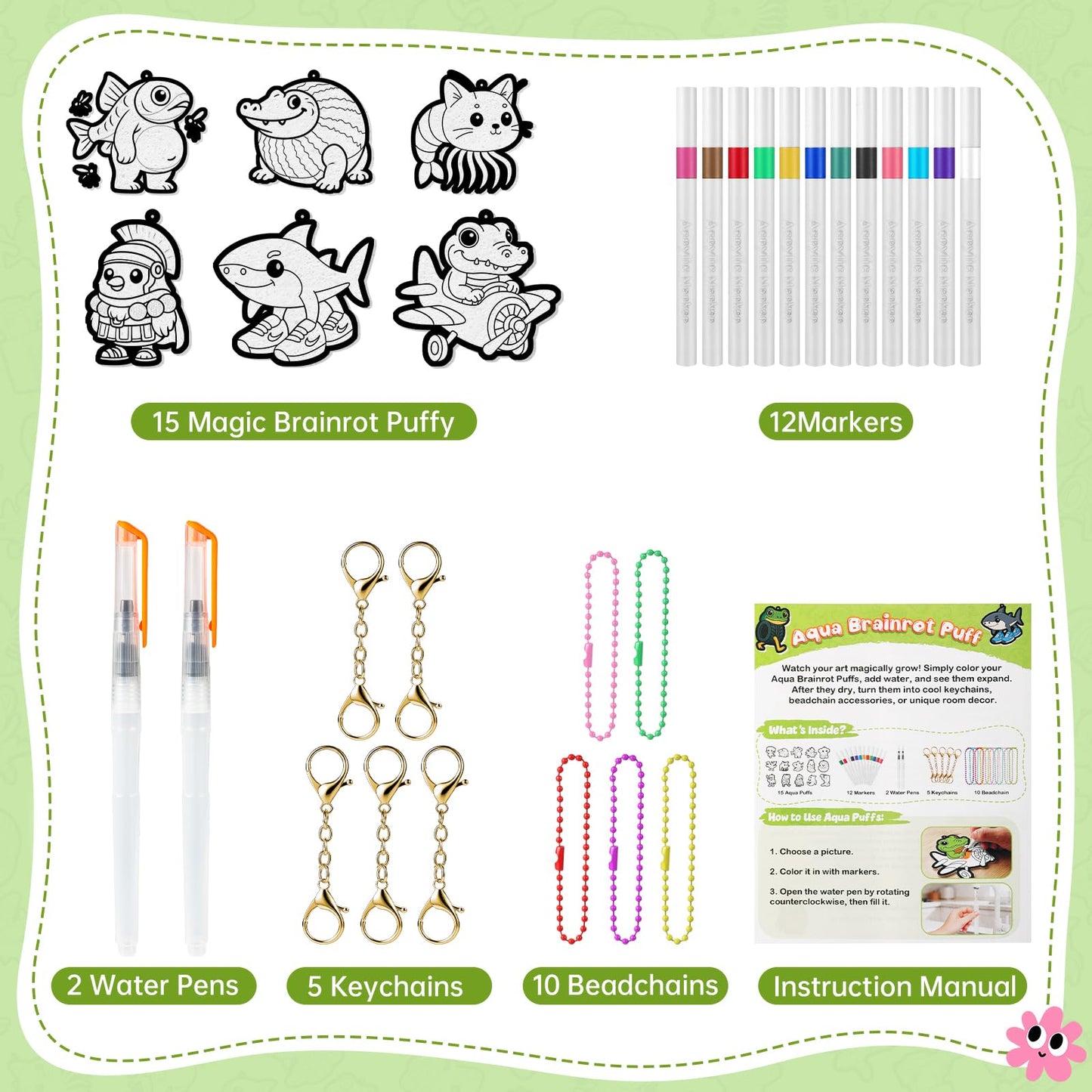 ESENHARBER Magic Puffy Paint Kit, Aqua Brainrot Puffs for Kids, Brain Rot Toys, Mess-Free 3D Art Kit Paint Magic Puff, Aquapuffs for Kids, Brainrot Toys, Create Keychain Brainrot Craft Set