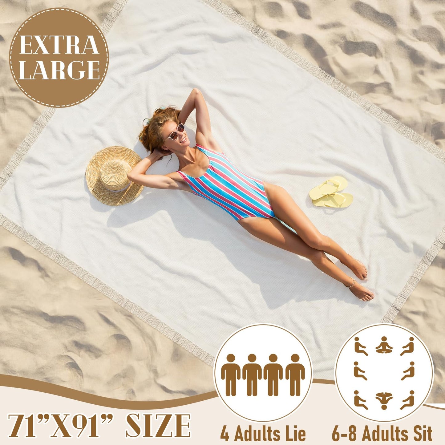 Hillsuren Giant Beach Blanket with Fringe 91 x 71 Inch Waffle Woven Cotton Oversize Yarn Outdoor Picnic Blanket Bohemia Sandproof Beach Towel for Spring Summer Camping Accessories(Milky White)