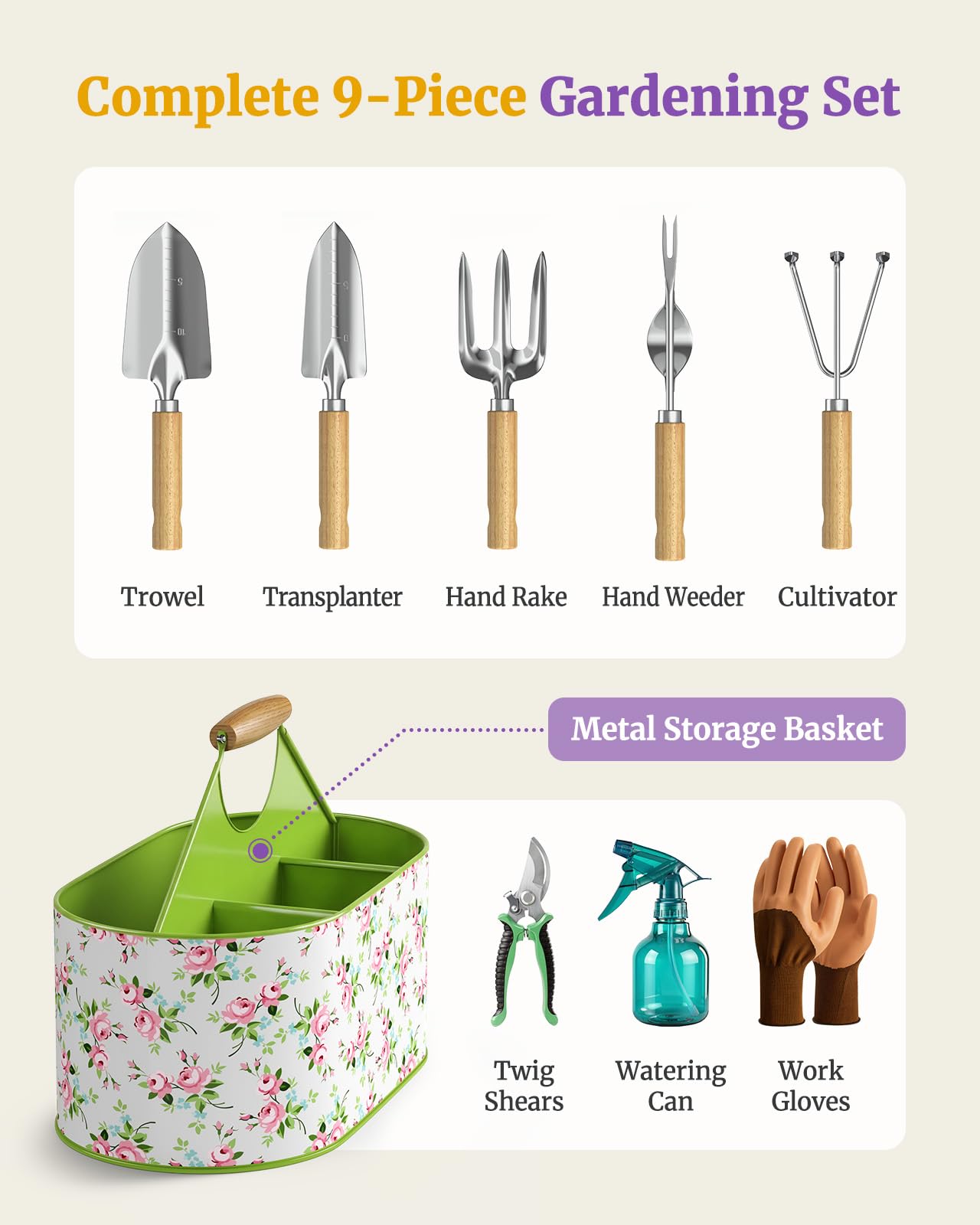 9-Piece Garden Tool Set, Heavy Duty Stainless Steel Rust-Proof Planting Kit with Ergonomic Wood Handles, Durable Metal Organizer Basket with 4 Compartments, Ideal Gardening Gift for Women, Mother