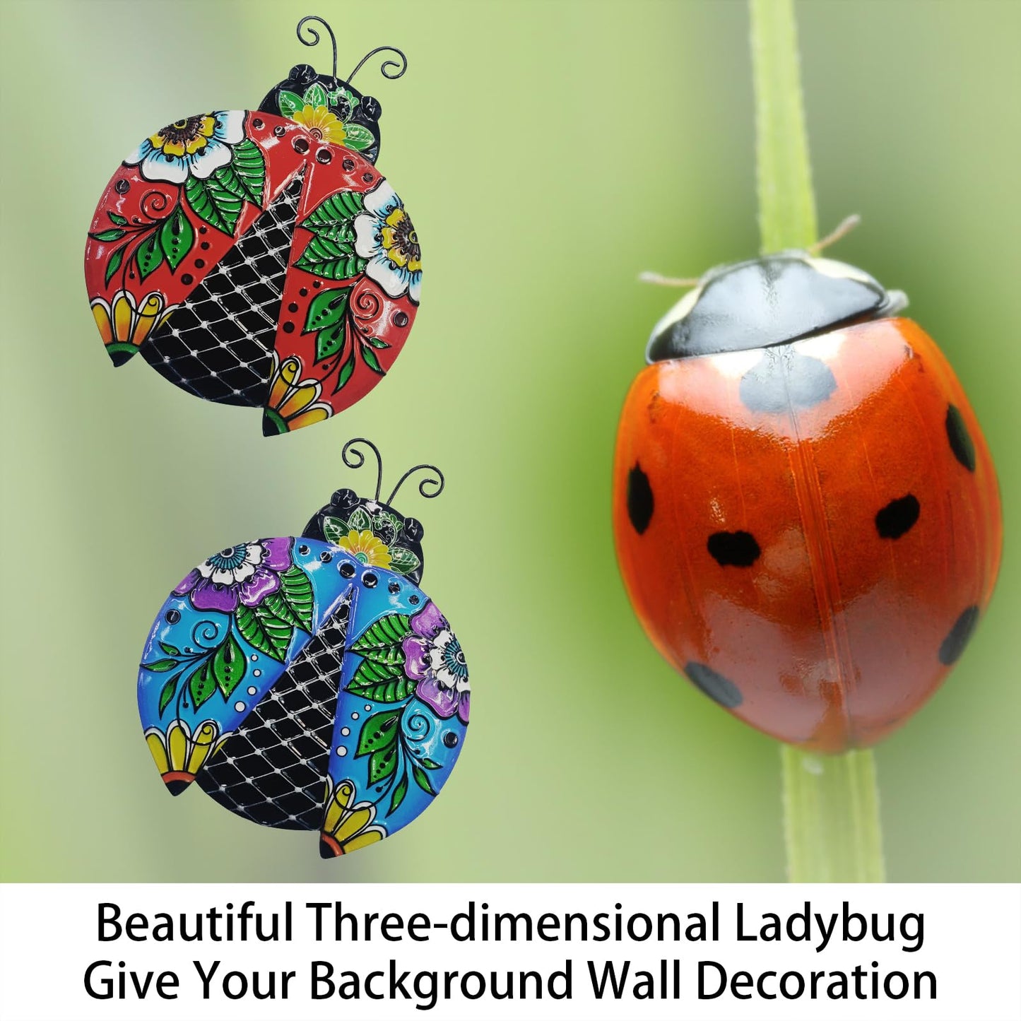 John's Studio 2Pcs Metal Ladybug Wall Decor Outdoor Garden Hanging Art Sculptures Home Ocean Theme Decorations for Kitchen Bathroom and Pool