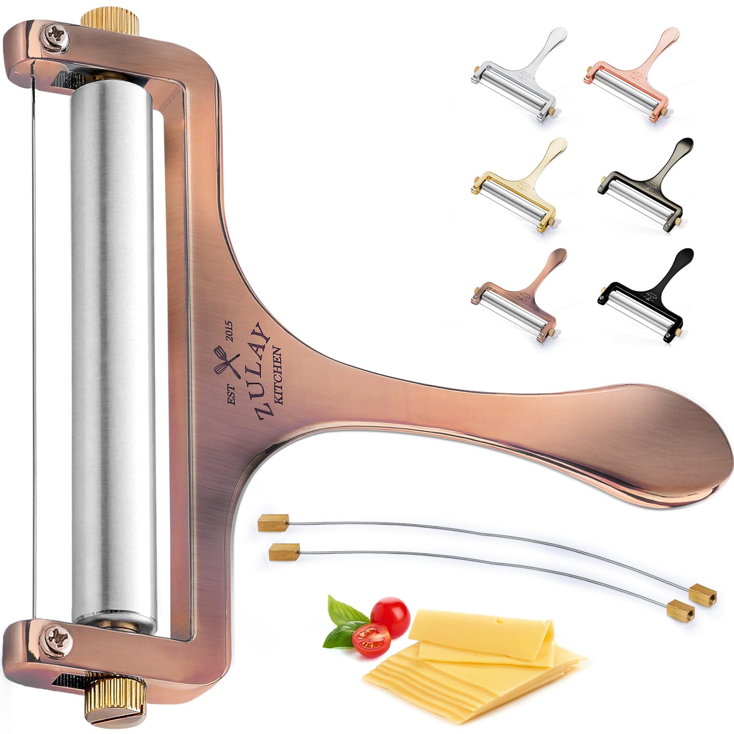 Zulay Adjustable Cheese Slicer - Wire Slicer For Mozzarella, Cheddar, Gouda - Heavy Duty With 2 Extra Wires (Copper)