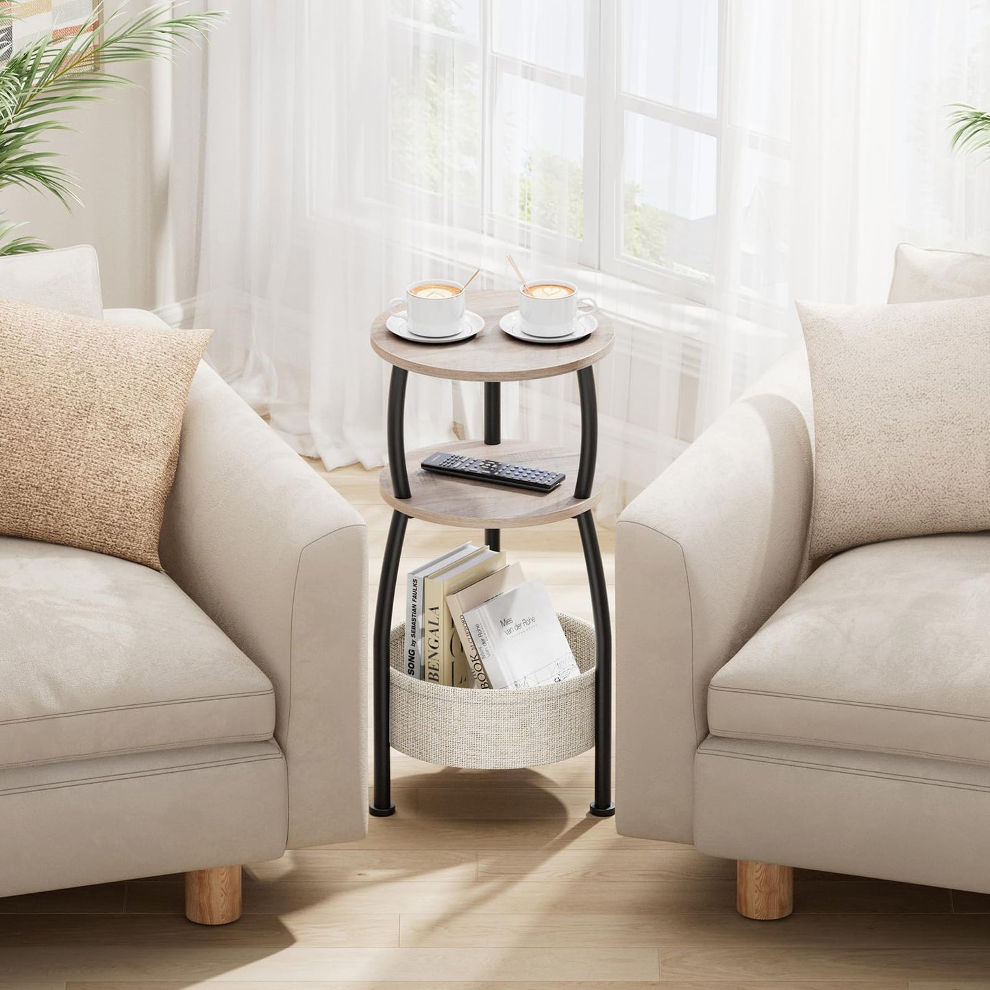 Yuede Round Side Table with Storage Basket –Small Space Saving End Table 3-Tier Coffee Table Bedside Corner Stand for Living Room, Bedroom, Garden and More 24in Tall Greige