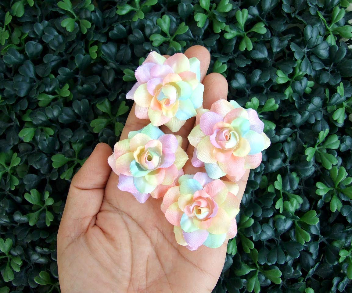 ICRAFY (24) Silk Rainbow Pastel Tones Roses Flower Head - 1.75" - Artificial Flowers Heads Fabric Floral Supplies Wholesale Lot for Wedding Flowers Accessories Make Bridal Hair Clips Headbands Dress