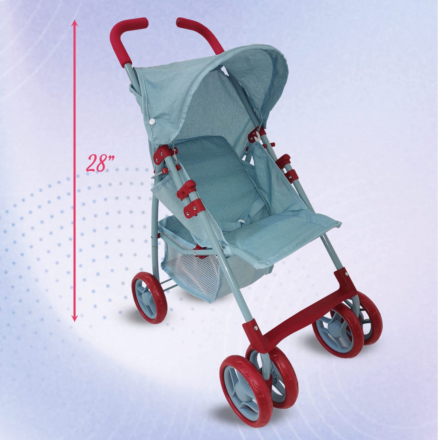 Baby Doll Stroller for Toddler Girls & Big Kids 6-8 Years Old | 28” Baby Stroller for Dolls, Toy Baby Stroller with Cute Ligh Denim Fabric, Mesh Storage Basket, Canopy, Handle Grips, Swivel Wheels