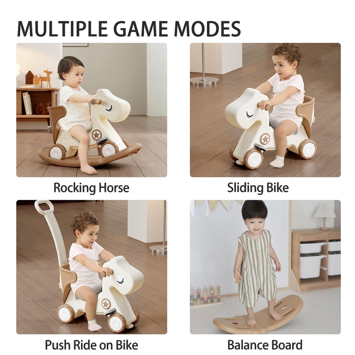 Deer COCO 4 in 1 Rocking Horse for Toddlers 1-3, Baby Ride On Toys with Balance Board & Push Handle, Convertible Push Car, Birthday Gift for 1 Year Old Boys Girls (Tan)