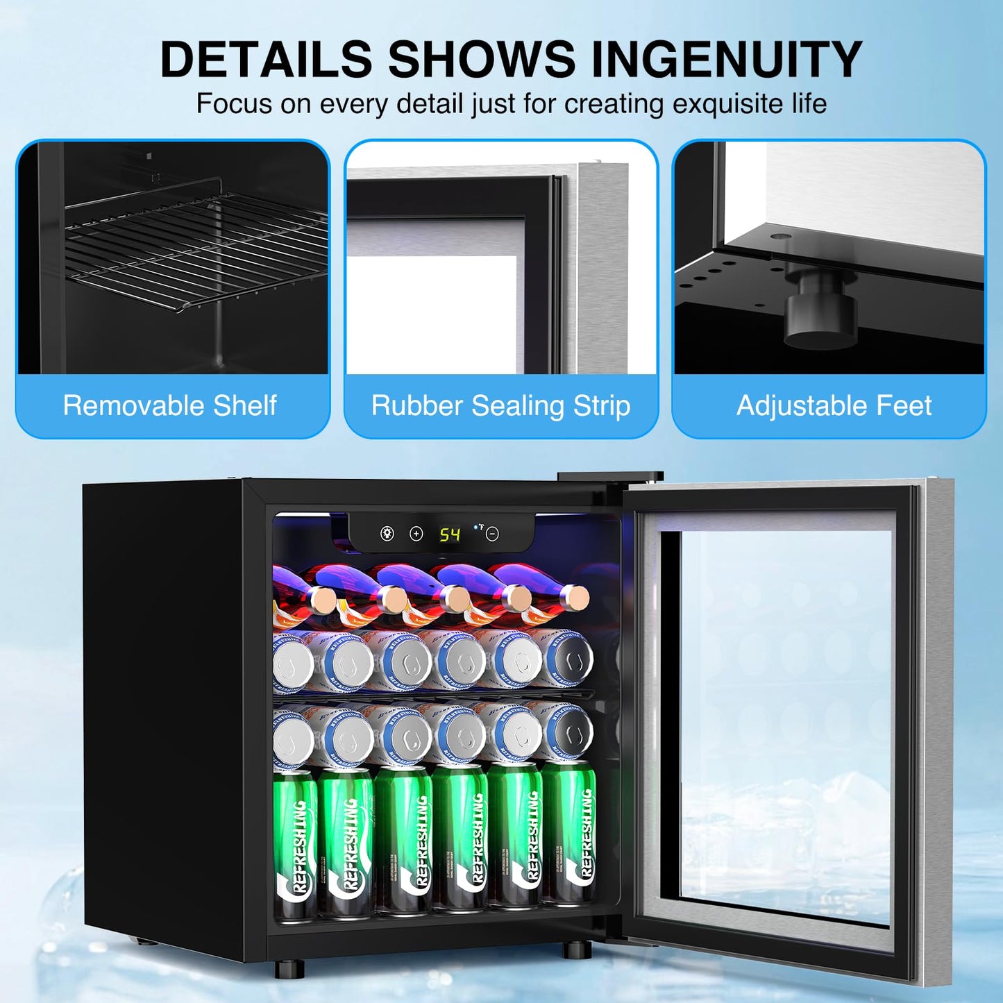 Kismile 50 Can Beverage Refrigerator Cooler 1.3 Cu.Ft Mini Fridge for 12 Bottle,Drink Fridge with Quiet Compressor,LED Light,Electronic Temperature Control for Home/Bar/Office 40-61℉,Silver