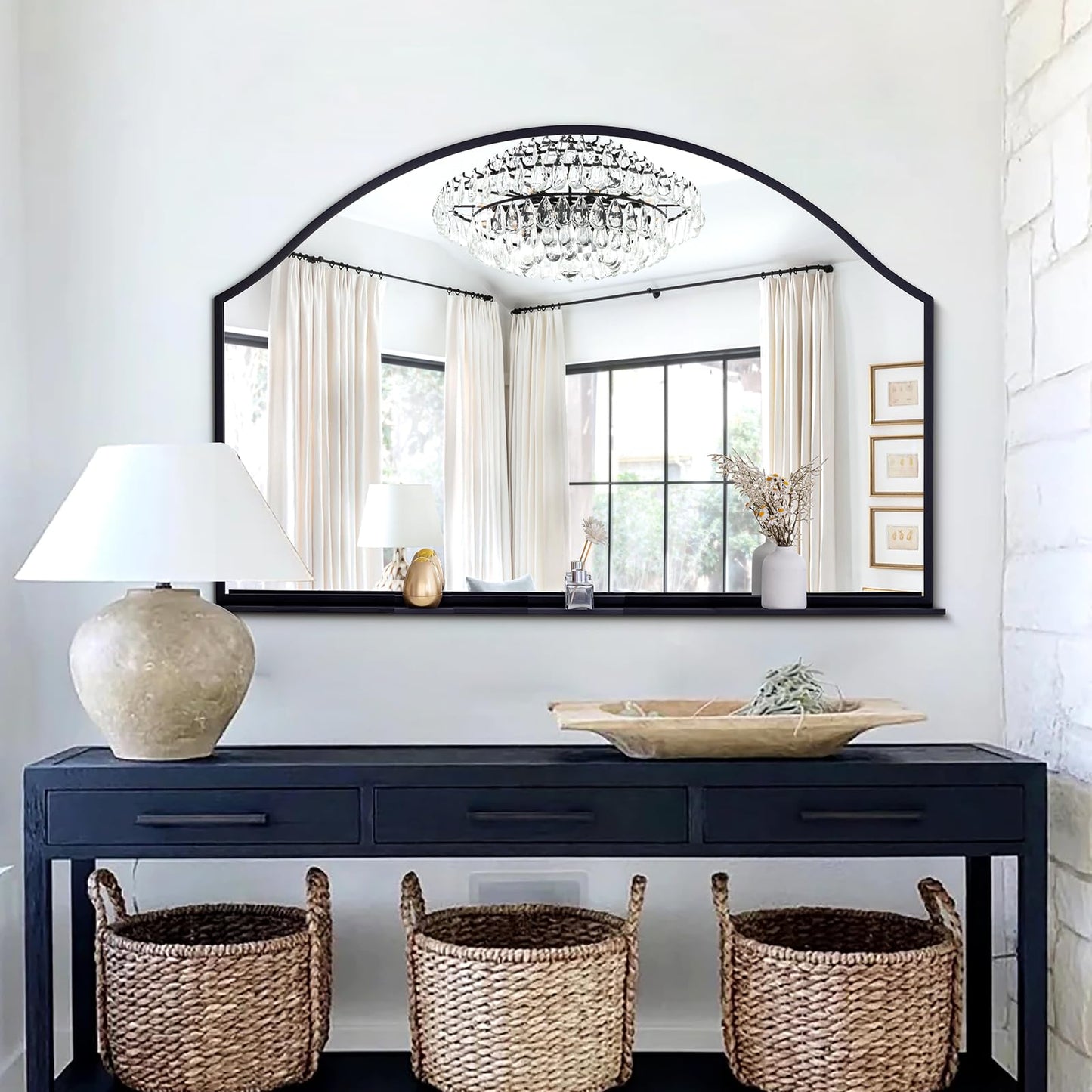 Chende 47''x32'' Large Wall Mirrors for Decor, Black Bathroom Mirror with Removable Shelf, Elegant Scallopd Mirror with Arched Frame for Entryway, Living Room, Mantel, Bedroom