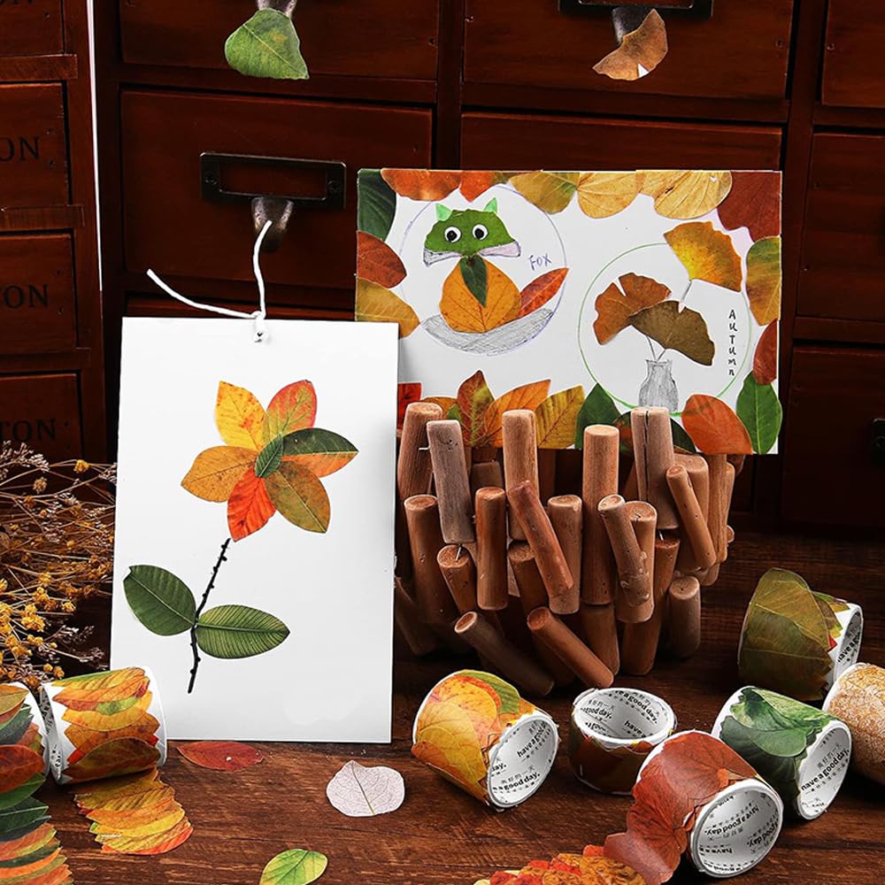 BOSOIRSOU 300 pcs Fall Leaves Washi Tape, 6 Rolls Autumn Maple Leaves Washi Tape Stickers Masking Tape Decorative Adhesive Leaf for Scrapbooking Journaling Junk Journal DIY Art Crafts Supplies