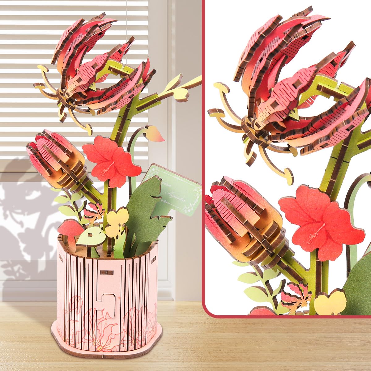 Insgen 3D Wooden Flower Puzzle for Adults, DIY Wooden Bouquet Building Sets, 3 Flowers Botanical Model Craft Kits, Living Room Shelf Table Decor, Gift for Plant Lovers Enthusiasts