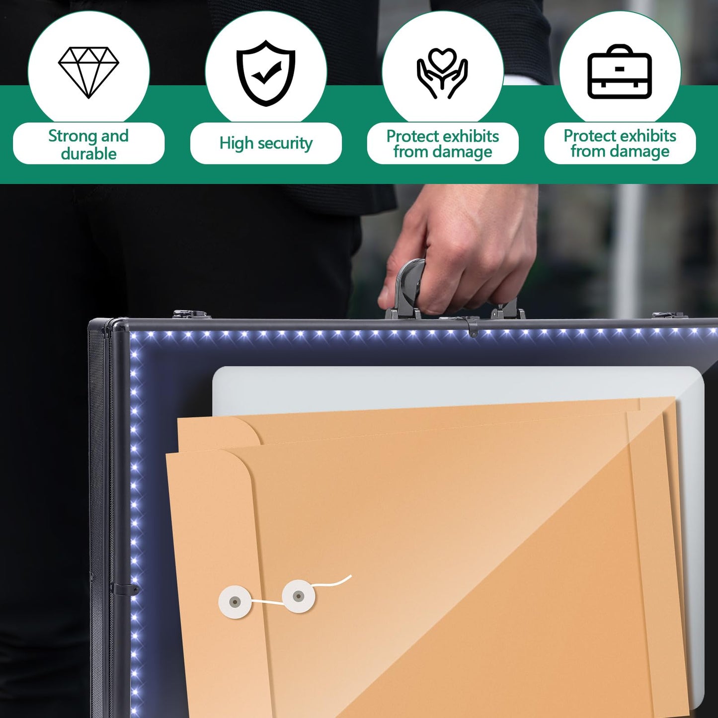 Memorywuu 36"x24" LED Trade Show Display Case Portable Aluminum Sports Card Table Top Display Case Frame Clear Acrylic Showcase Cabinet Box with Lock for Trading Cards Jewelry Collectibles (Black)