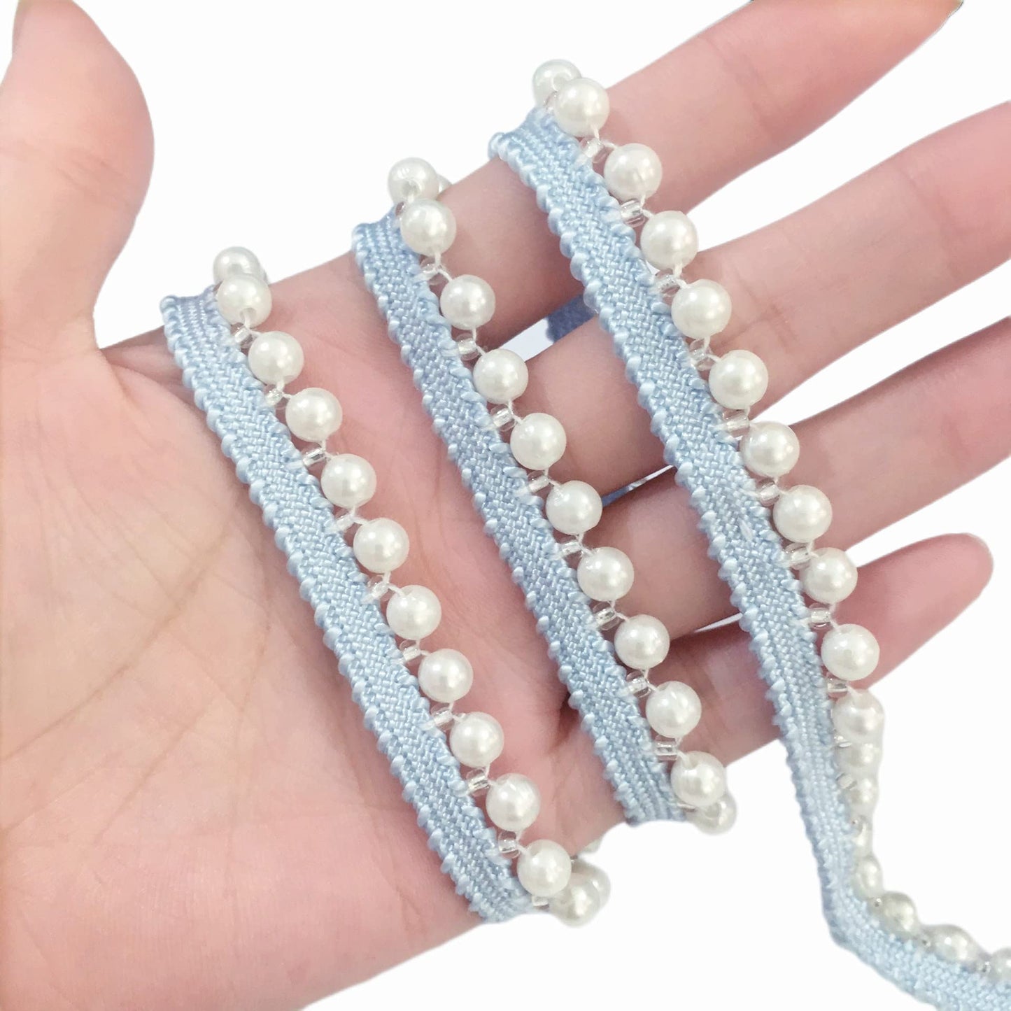 FQTANJU 2 Yards Faux Pearls Lace Ribbon Pearl Fringe Applique, DIY Craft Ribbon Pearl lace Trim for Wedding Party Decoration,Blue