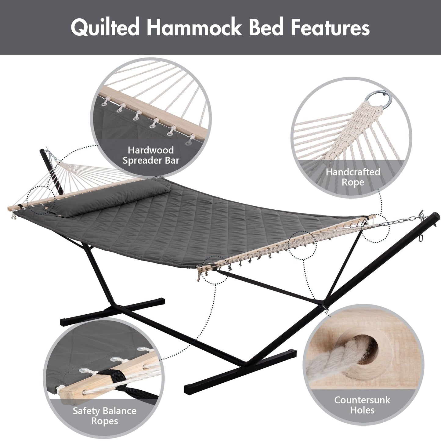 ANOW Double Hammock with 12FT Heavy Duty Steel Stand Included, 2 Person Hammock with Stand for Outdoors, 450 LBS Weight Capacity, Gray