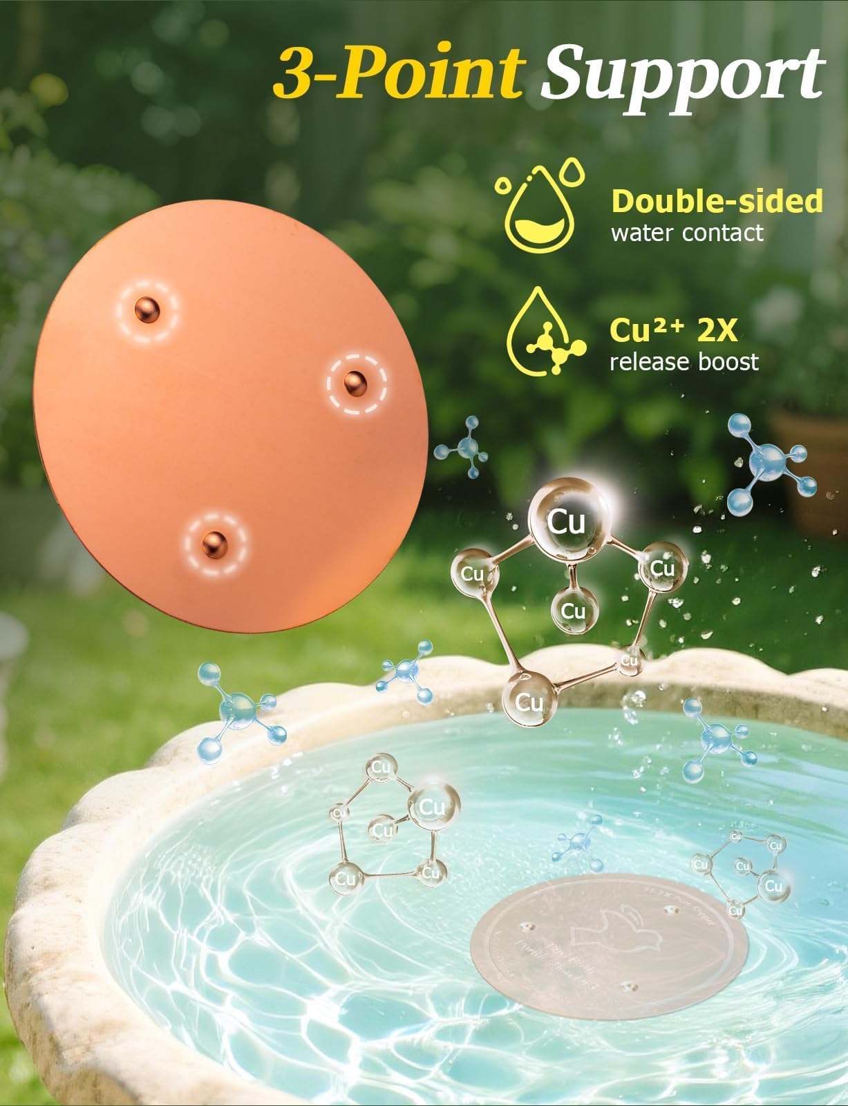 Mellbree Bird Bath Copper Disk, 0.6mm Reinforced 99.99% Pure Copper Cleaning Disk for Physical Safe Clean Water All-Season, Universal Fit for Outdoor Birdbaths, Bowl, Bird Bath Solar