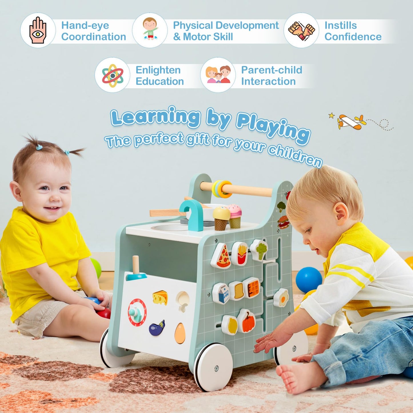 BABY JOY 6 in 1 Wooden Baby Walker, Toddler Pretend Play Kitchen Playset, Push and Pull Sit-to-Stand Learning Walker Activity Center, Montessori Educational Toy, Push Walker for Boys Girls