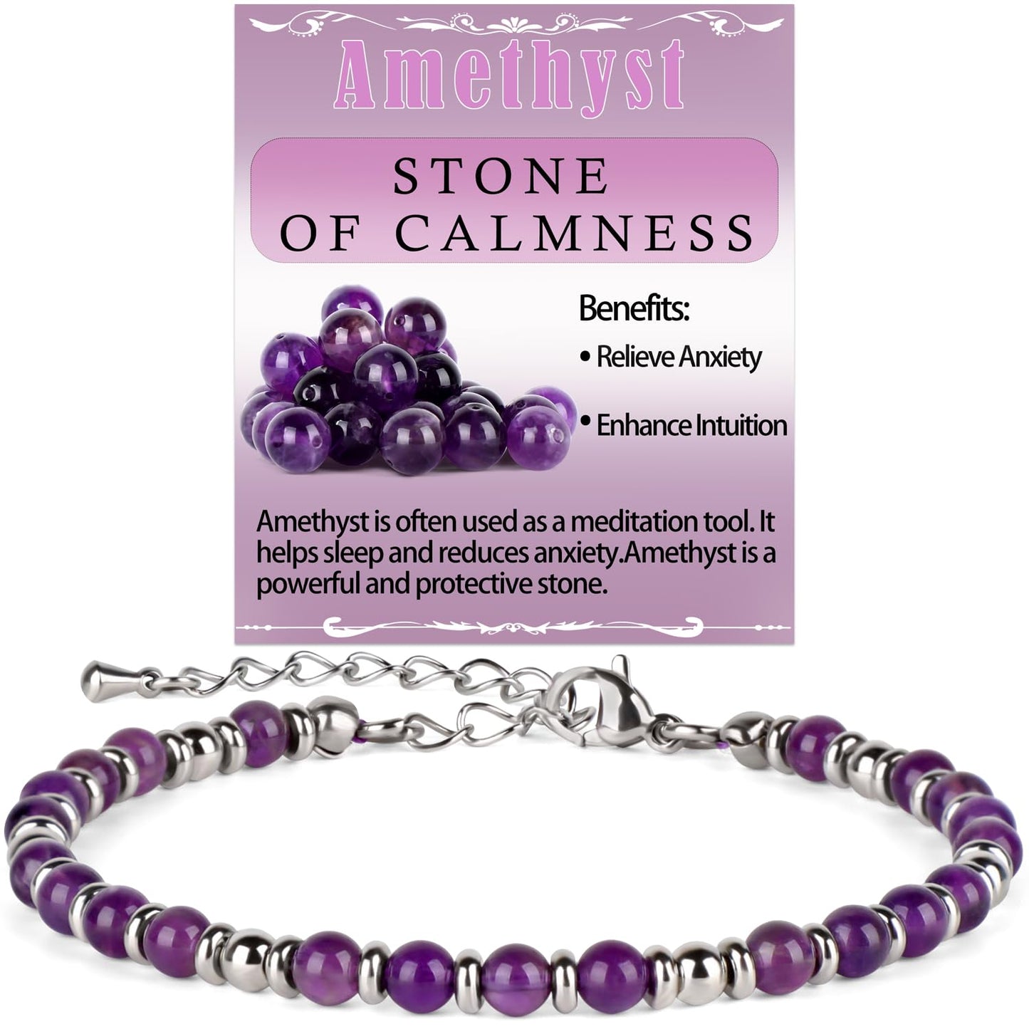 4mm Purple Amethyst Tiny Beaded Bracelets For Women, Energy Gem Charm Jewelry Adjustable Bracelet Gifts for Mom, Daughter, Wife, Coworkers, Friends, Bestie