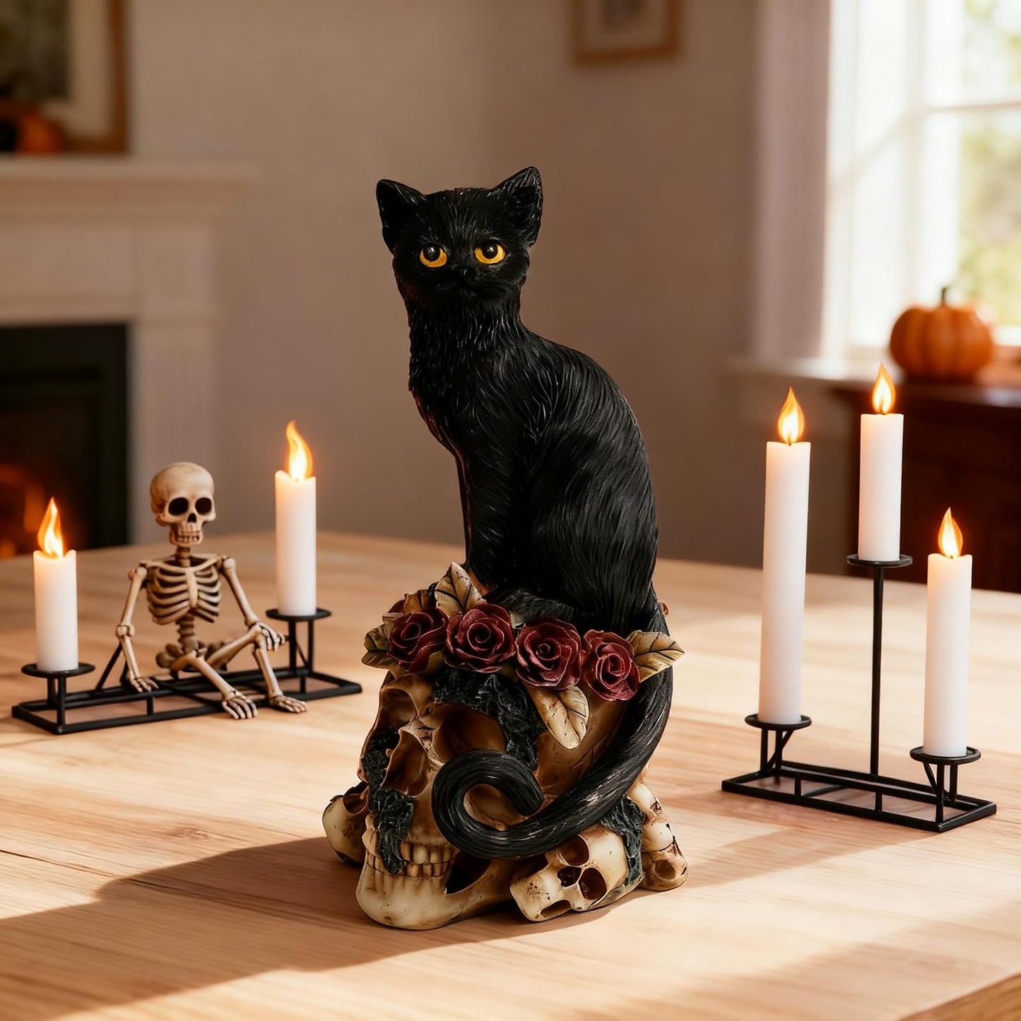 Black Cat Skull Statue, Gothic Resin Sculpture for Home Decor, Spooky Occult Witchy Dark Academia Collectible, Spring Gift for Cat Lovers Goth Collectors Men Women, Birthday Anniversary Housewarming