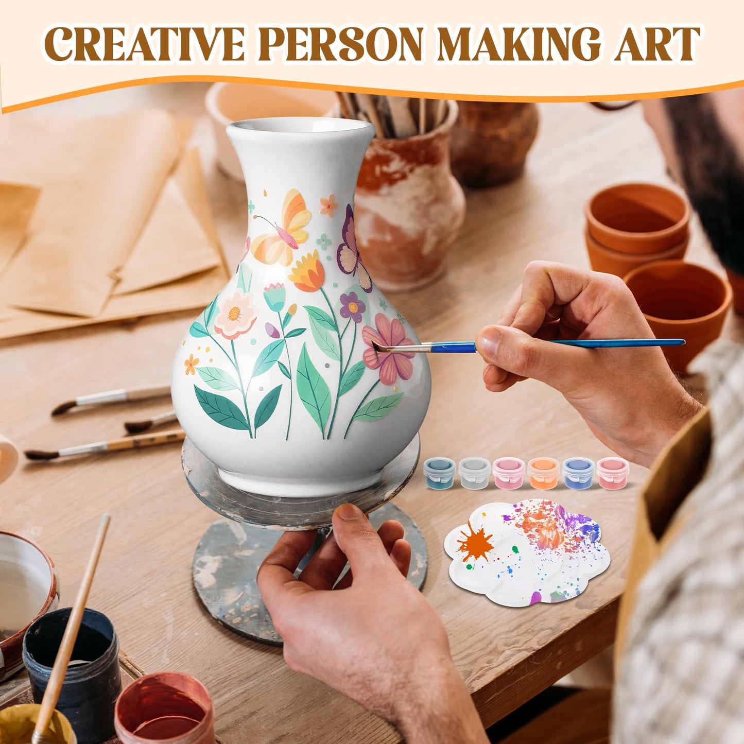 Fuyoooo 6 Sets Father's Day Paint Your Own Vases Ceramic Vase to Paint Unpainted White Vases Ceramic Painting Kit for Adult with Brush Underglaze Paints Palettes for Porcelain Vase Decorating Kit DIY
