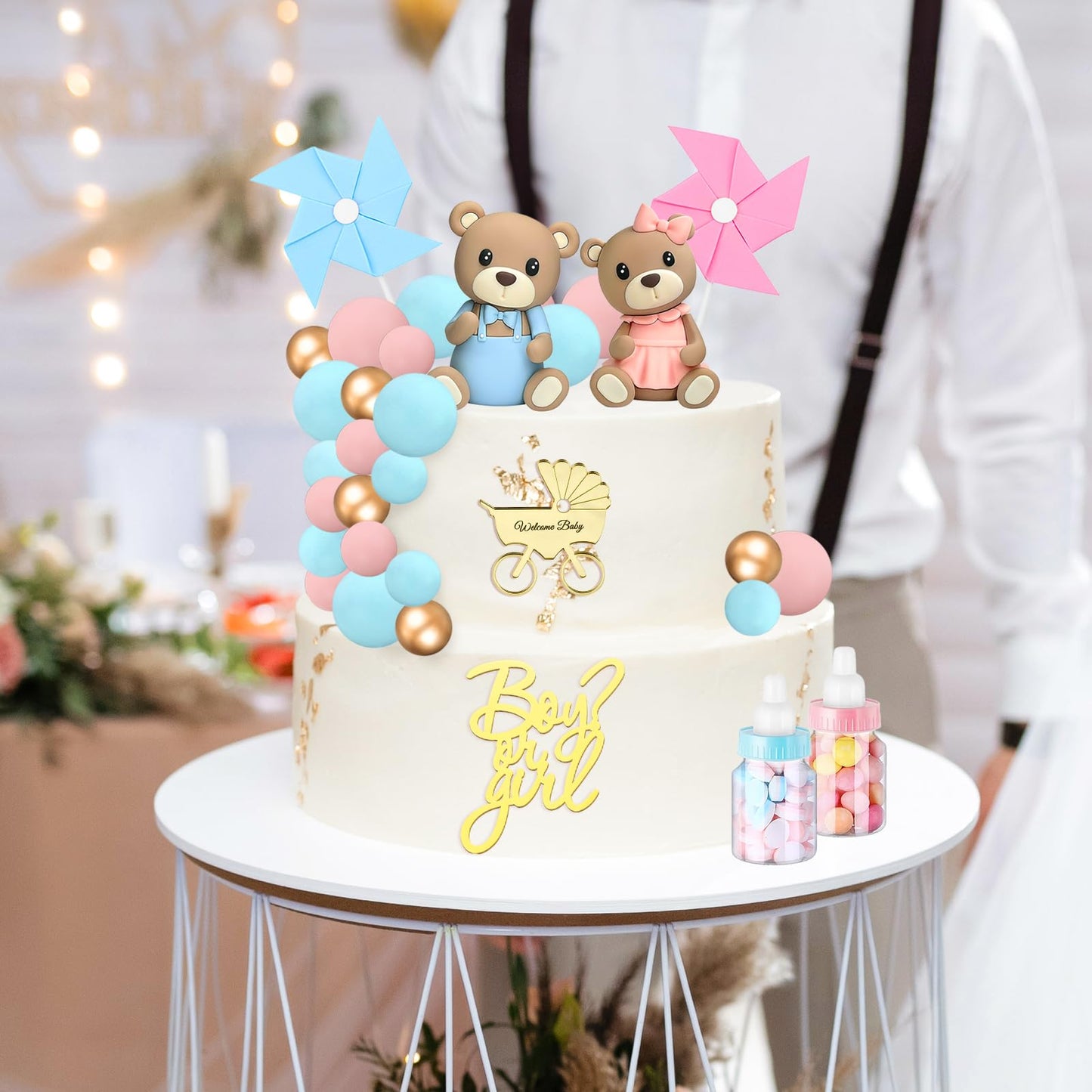 Gender Reveal Cake Toppers, Bear Cake Topper Balls Cake Decorations with Boy or Girl for Gender Reveal Baby Shower Bear Theme Party Supplies