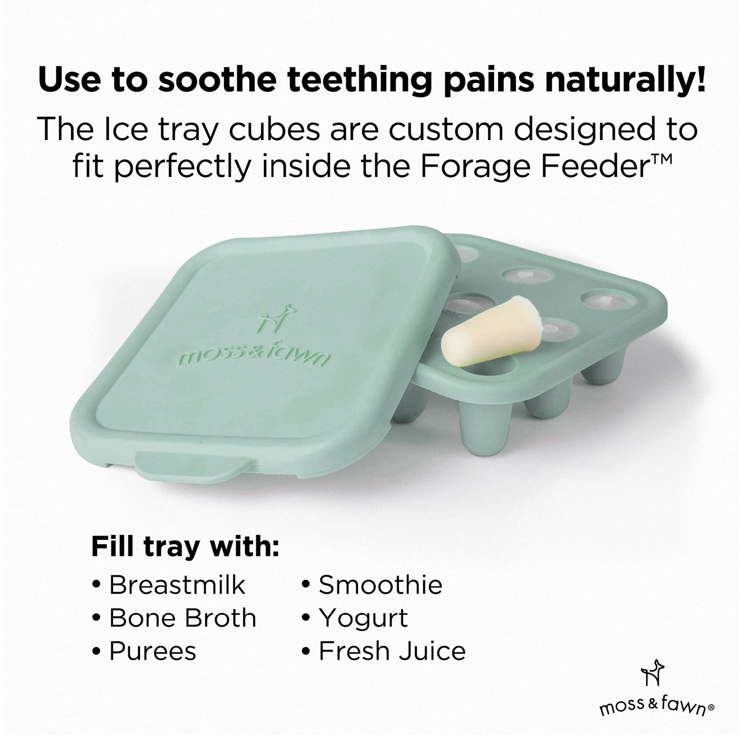Moss and Fawn Little Explorer Kit - Silicone Frozen Breast Milk Popsicle Kit with Forage Feeder, Teething Popsicle Ice Cube Tray, & Gather & Roll Baby Feeding Bib - BPA, PVC, & Lead-Free - Fern