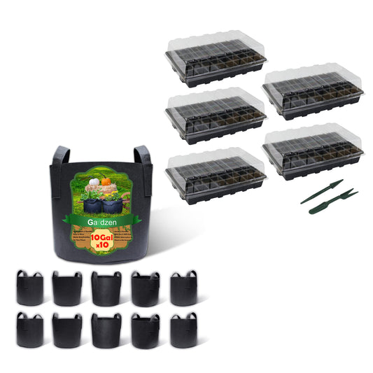 Gardzen 10-Pack 10 Gallon Grow Bags, Aeration Fabric Pots with 5-Set Garden Propagator Set, Seed Starter Tray 15" x 9" (40-Cell Per Tray)