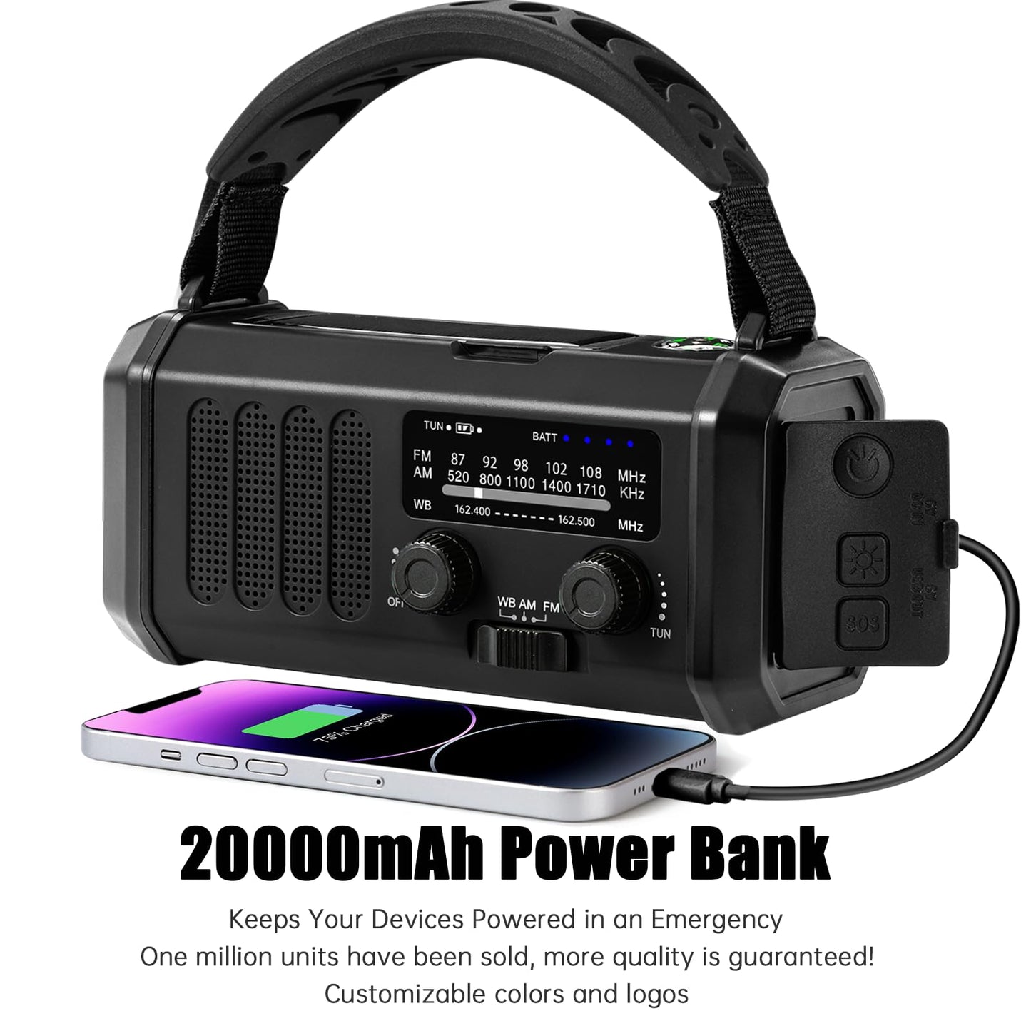 Emergency Weather Radio 20000mAh NOAA/AM/FM with 74000mWh USB/Solar/Hand Crank Charging, Battery Operated, SOS Alarm & Flashlight for Indoor/Outdoor Emergencies (Black)