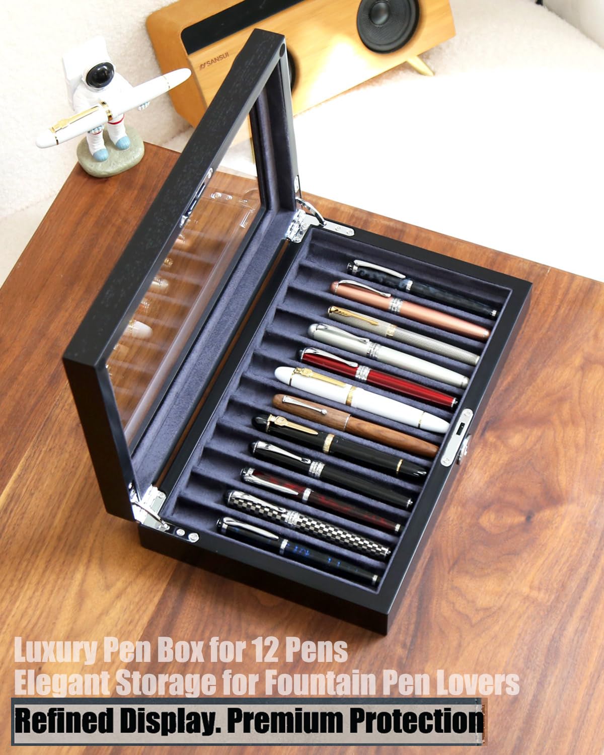 Besforu 12-Slot Fountain Pen Collector Case – Lockable Wooden Organizer with Glass Display Top, Premium Storage Box for Writing Instruments and Gift for Men