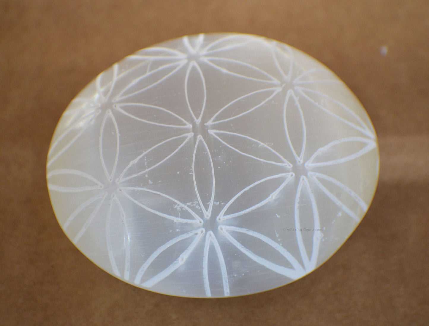 Amazing Gemstone Selenite Palm Stone - Flower of Life Engraved Hot Massage Worry Stone for Natural Body Chakra Balancing, Reiki Healing and Crystal Grid