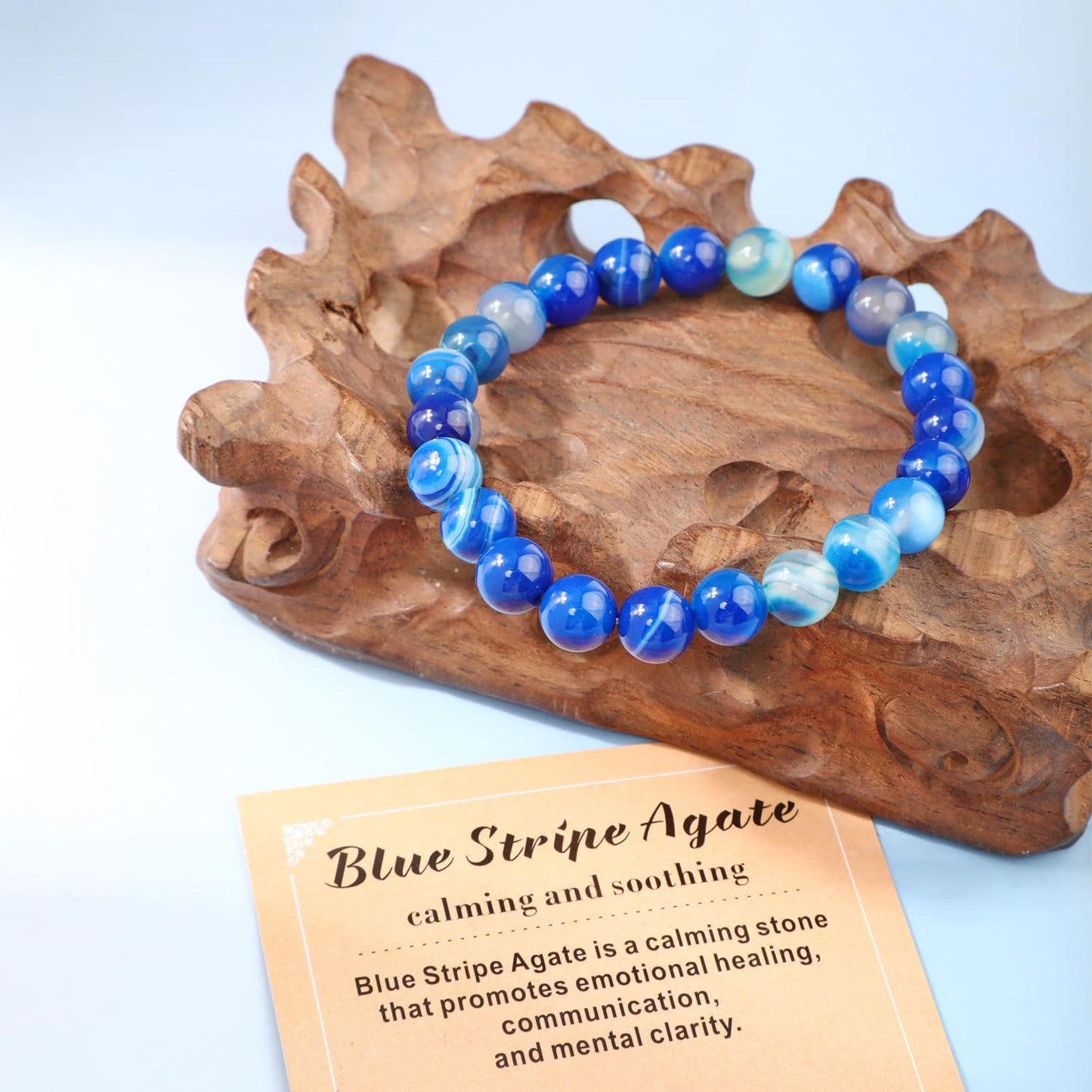 AD Beads 6mm Handmade Blue Stripe Agate Elastic Bracelet – Natural Gemstone for Calming and Soothing – Meditation, Yoga, Healing and Energy Gift for Men Women