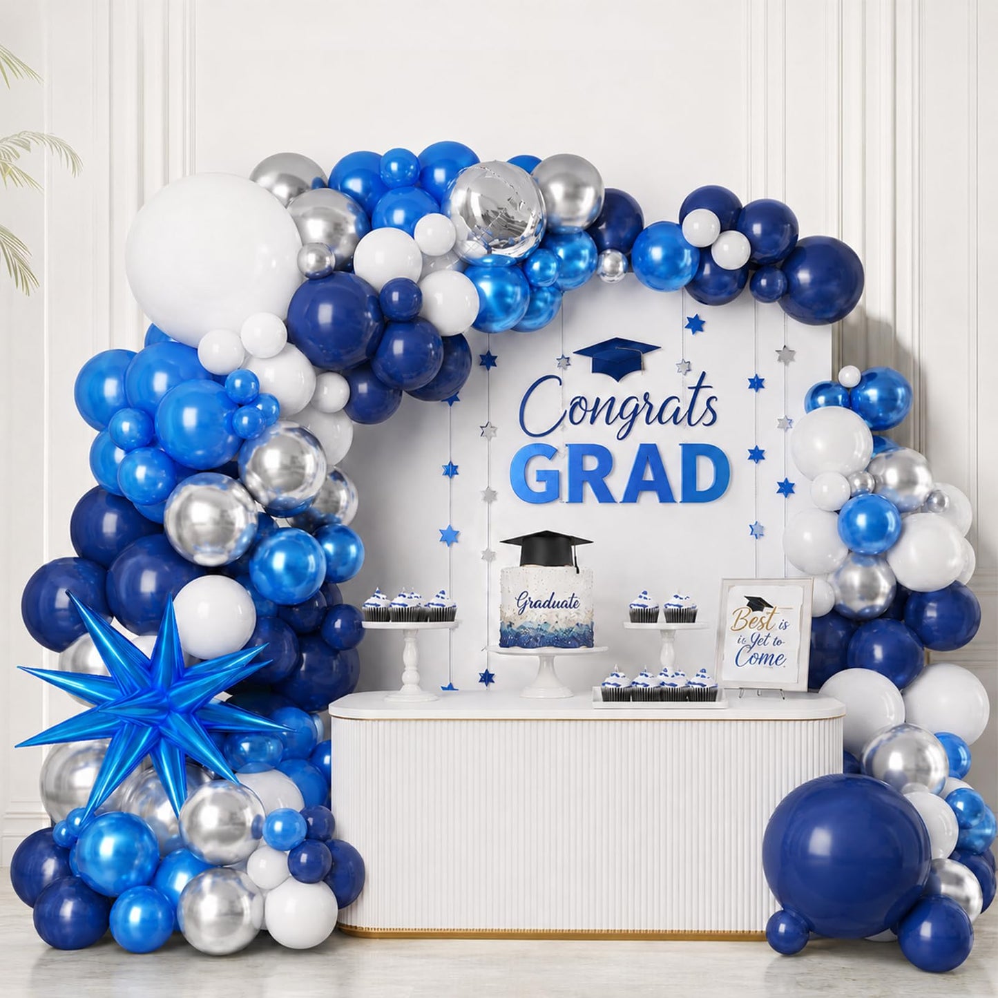Graduation Balloon Arch Kit 2026 Blue and White Balloon Garland Royal Blue White Silver Balloons with Star Foil for Congrats Grad Class Retirement Prom Birthday Baby Shower Wedding Party Decorations