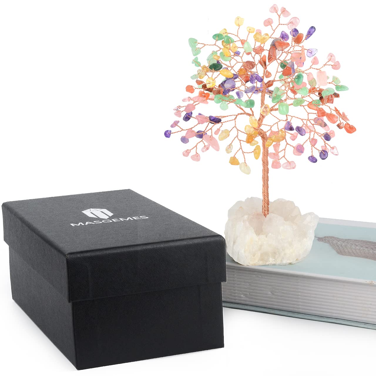 MASGEMES Gemstone Crystal Tree of Life,Quartz Cluster Base,Bonsai Money Tree Feng Shui Decor,Chakra Healing Crystals Positive Enegy-Good Luck Gift 5.5-6.3 Inches