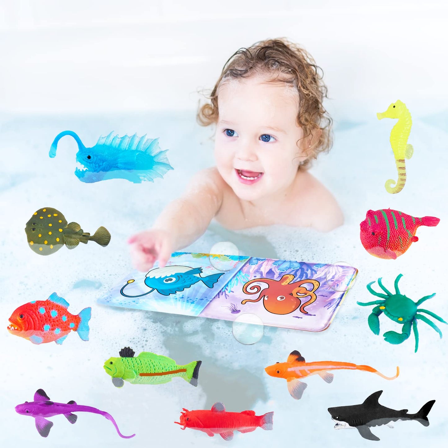 Color Changing No Hole Bath Toys for Kids Toddlers, Color Change Water Table Bathtub Toys Sea Creatures Rubber Fish for Kids & 2 Glow in The Dark Ocean Animal with Bath Book