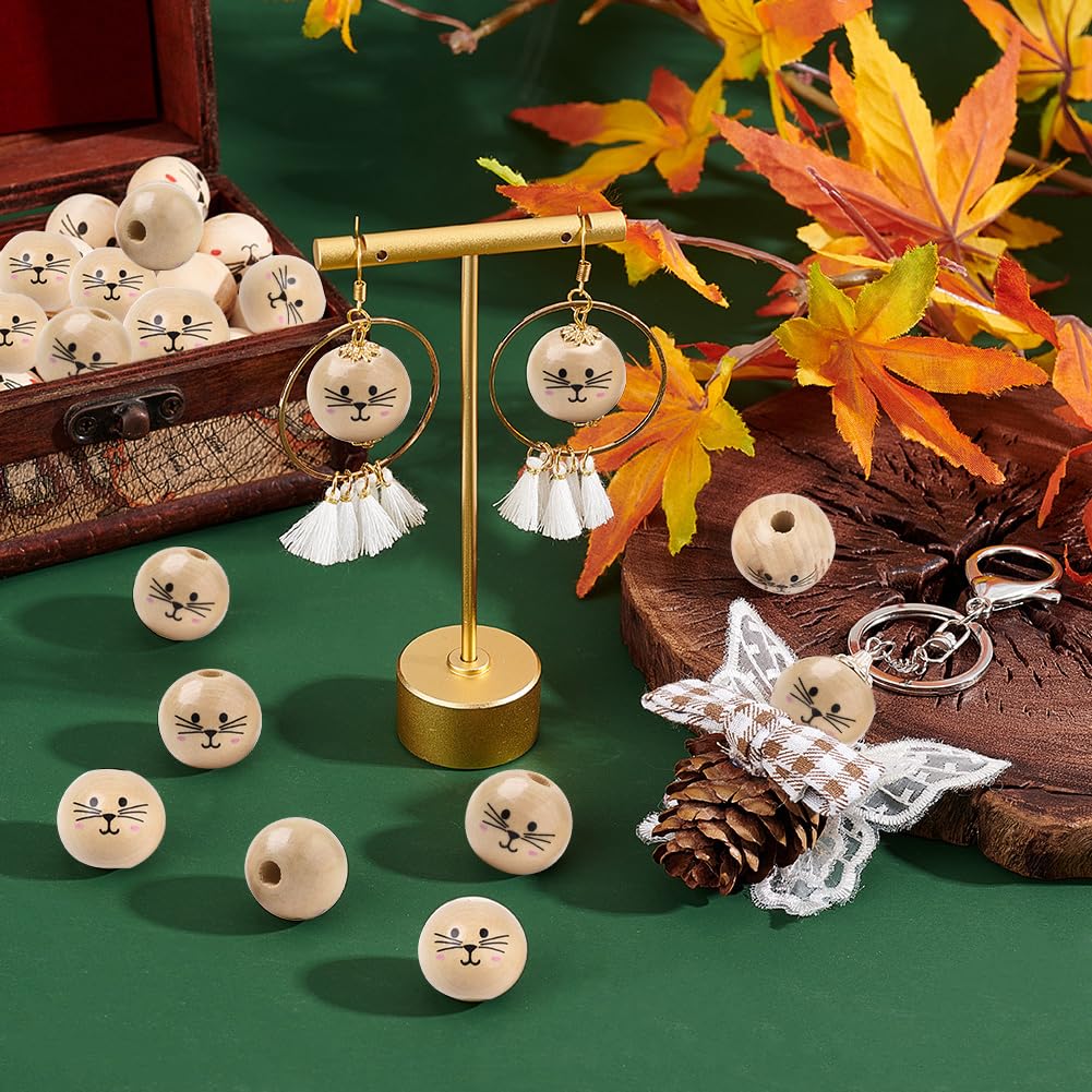 PH PandaHall 60pcs Cat Face Wooden Beads 18mm Painted Beads Farmhouse Wooden Beads Spacer Beads Loose Round Beads for DIY Crafts Home Party Hanging Decoration Festival Easter