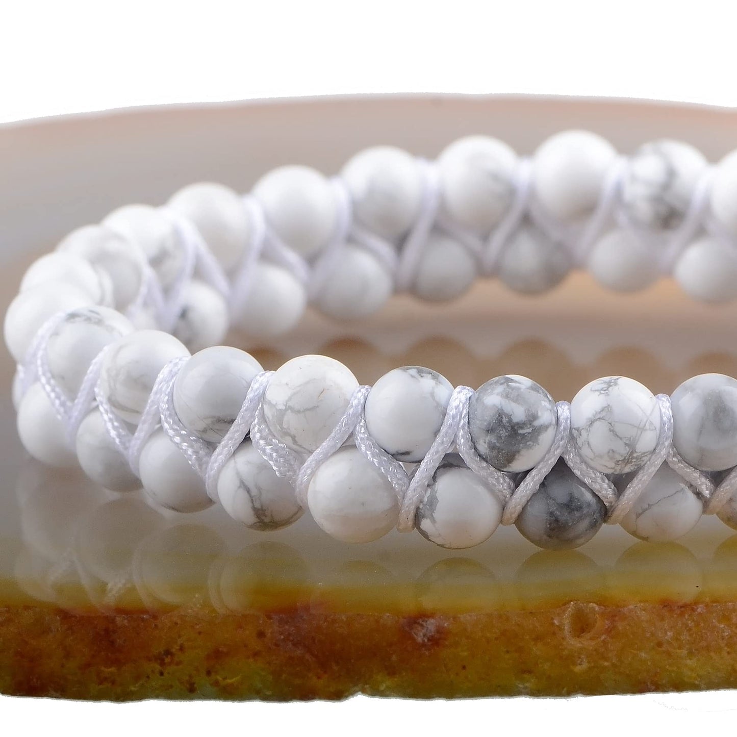MASSIVE BEADS Natural Chakra Healing Power Crystals Macrame Bracelet Yoga Double Layer Stone Beads Gemstone Meditation Relax Anxiety Bangle for Unisex Women Men (Howlite, 6mm)