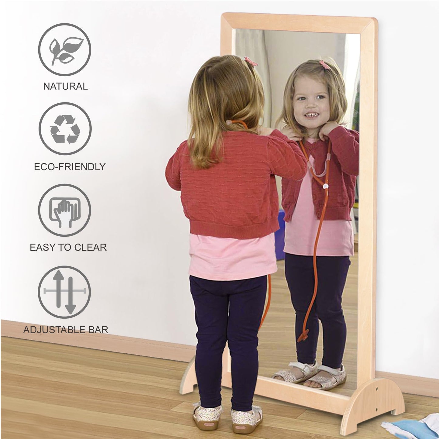 KRAND 3-Position Montessori Shatterproof Safety Baby Mirror w/Pull Up Handrail, Infant Coordination Mirror Set, Kid's Classroom Furniture for Nursery, Daycare, Homeschool or Preschool (Natural Pura)
