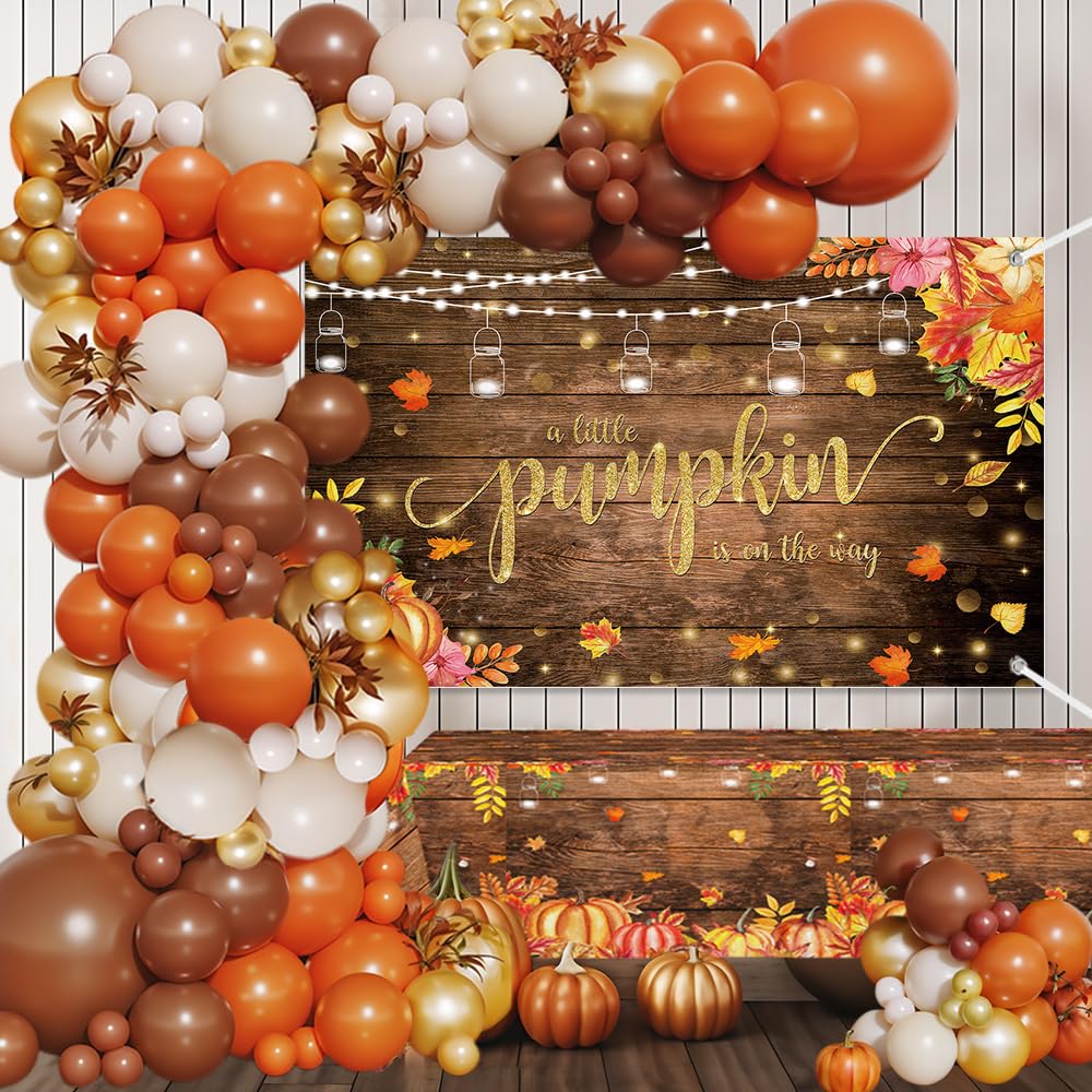 MEHOFOND Thanksgiving Pumpkin Baby Shower Decorations, Fall Rustic Wood Little Pumpkin is On the Way Backdrop Tablecloth Balloons Arch, Autumn Orange Brown Balloons Garland for Give Thanks Baby Shower