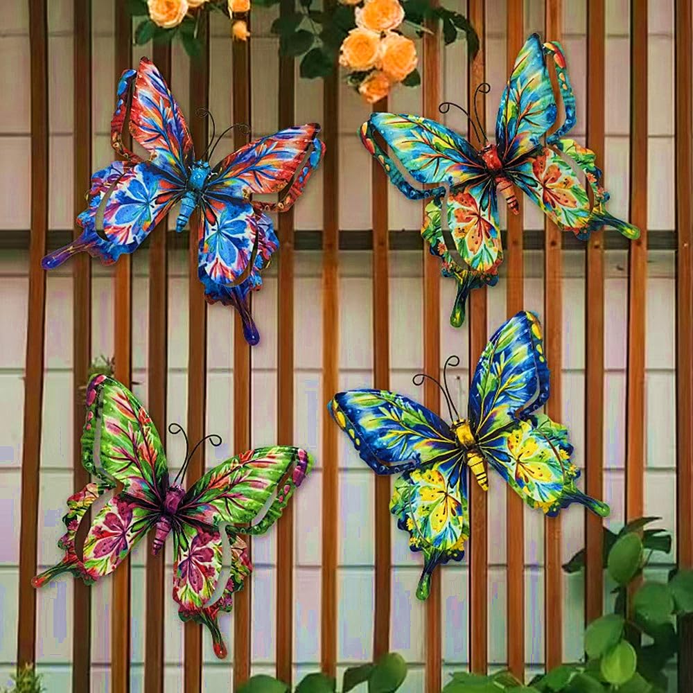 4Pcs Butterfly Metal Wall Decor,6.7"x6.5" Outdoor Hanging Wall Art Sculptures Decoration for Living Room Fence Garden Yard Patio Balcony Office