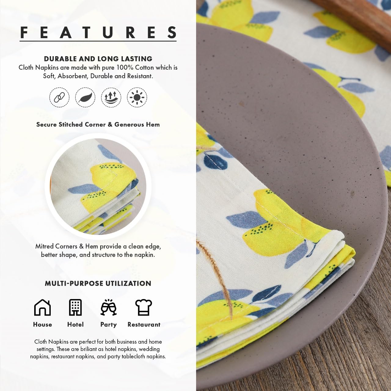 TARAN LIVING Printed Cotton Cloth Napkins Fall Dinner Napkin Set Reusable Machine Washable Fabric for Gifting, House Party Events, Home Decor, Craft - 18"x18" - Set of 4 - Lemon Print