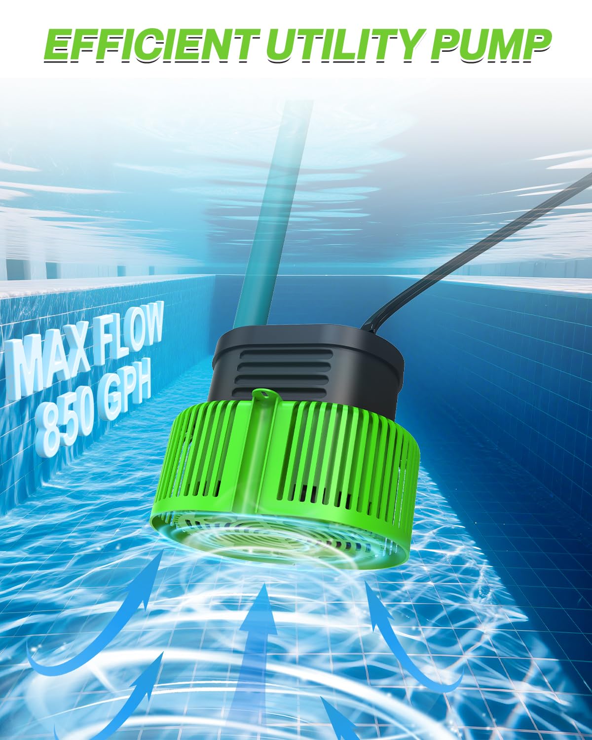 Pool Cover Pump above Ground - Submersible Water Sump Pump Swimming Water Removal Pumps, with Drainage Hose & 25 Feet Extra Long Power Cord, 850 GPH inGround, 3 Adapters