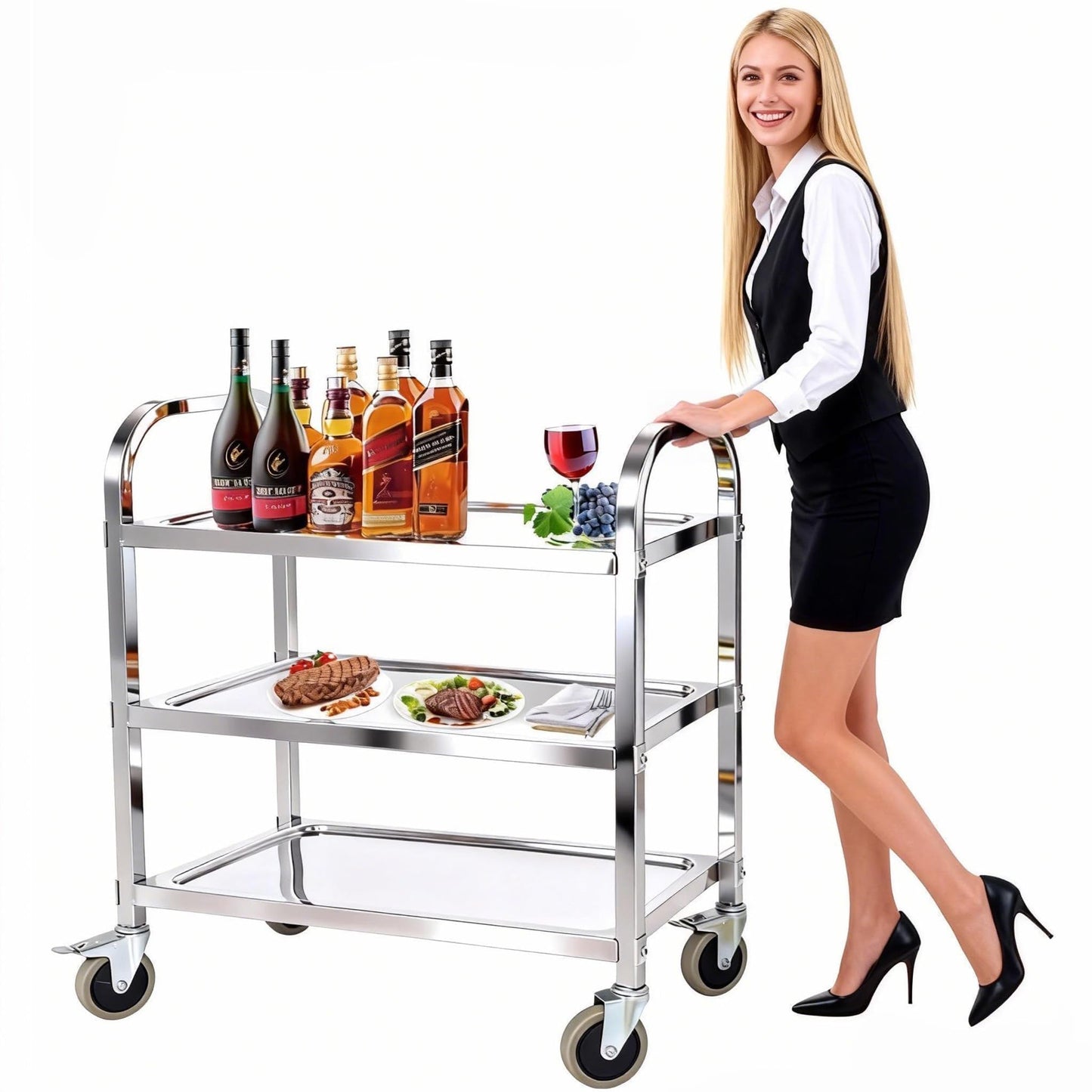 tonchean Stainless Steel Utility Cart 30x16x33 inch 3 Tier Restaurant Carts with Lockable Wheels Serving Rolling Carts for Restaurant Catering Home Commercial Grade & Easy Assembly 400 lbs Capacity