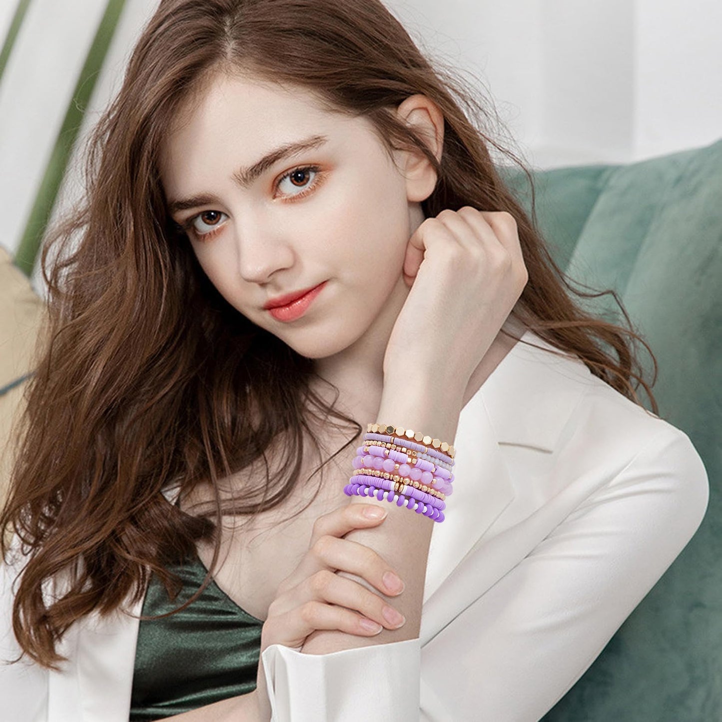GOOJIDS Purple Surfer Heishi Clay Bead Bracelets for Women Bohemian Stackable Gold Plated Beaded Stretch Bracelets Elastic Layering Friendship Bracelets Set Boho Jewelry