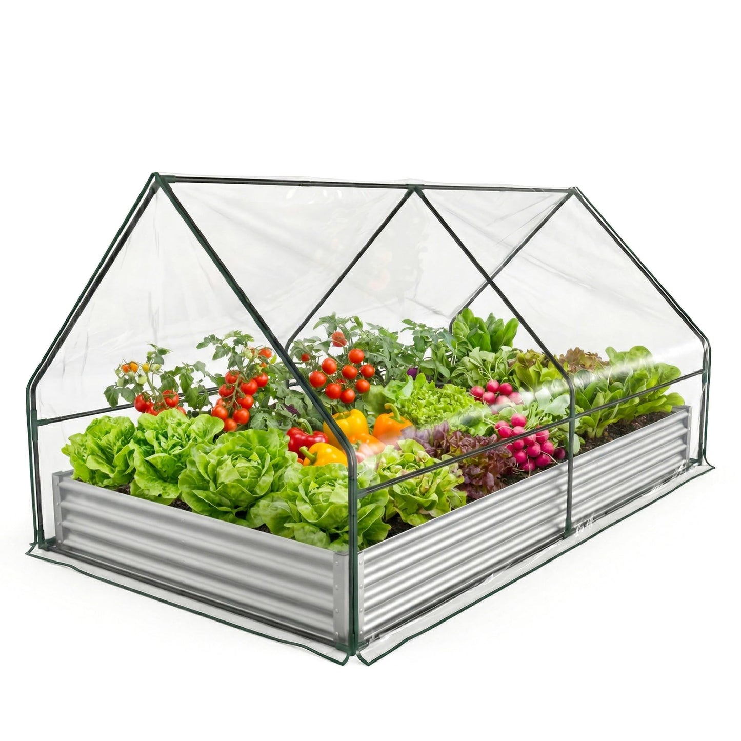 IDEALHOUSE Raised Garden Bed with Greenhouse Cover, 6x3x1 ft Outdoor Galvanized Metal Planter Box with Dual Zippered Screen Windows, Mini Clear Top Greenhouse for Vegetables, Flowers & Herbs