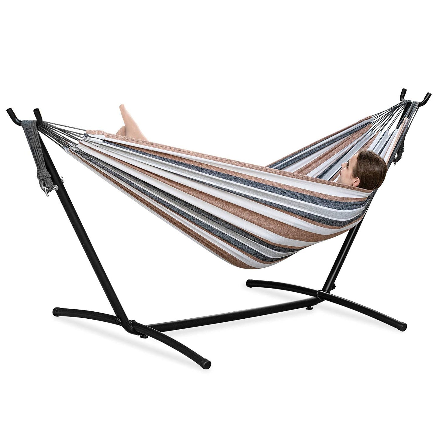 PNAEUT Double Hammocks with Stand for Outside, Portable Space Saving Heavy-Duty Steel Frame for Indoor Outdoor Patio Yard, Easy Assembly, 2 Person 450 lbs Capacity (Coffee)