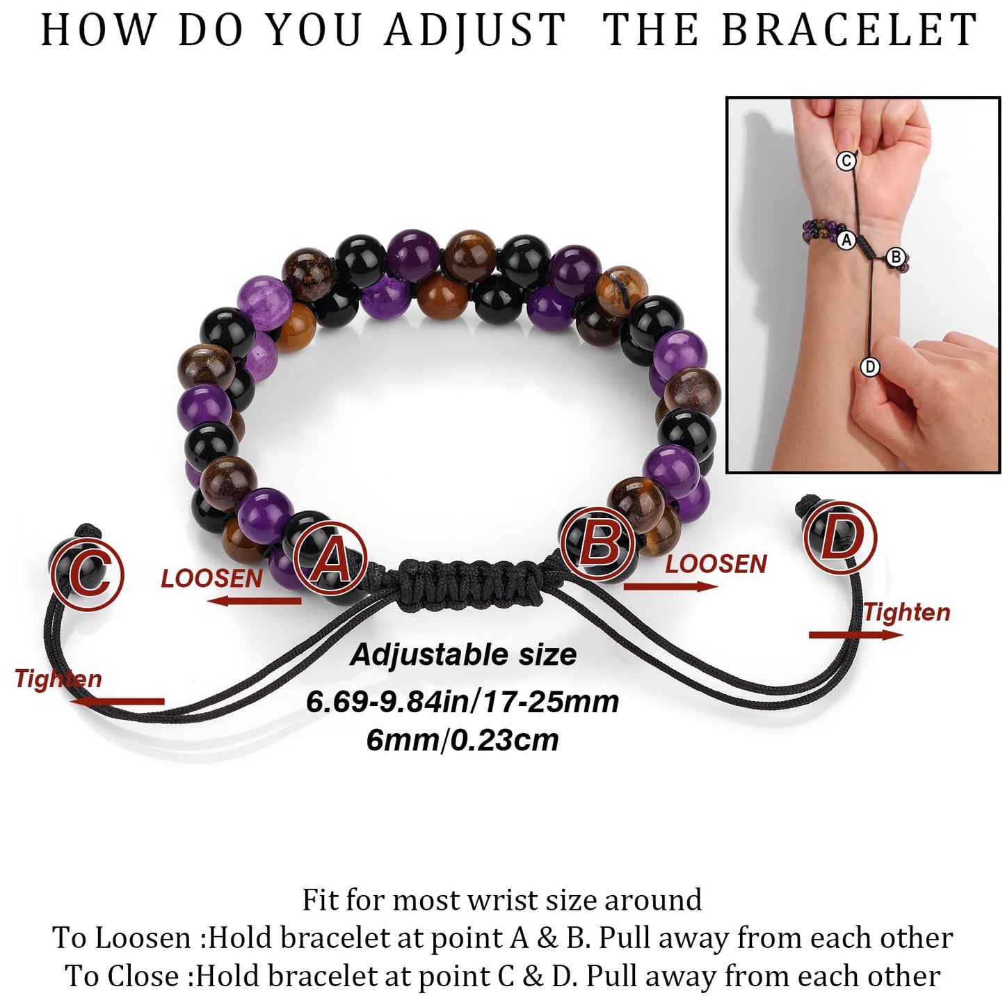 Raicegs New Beginnings Bracelet Natural Stones Black Tourmaline Tiger Eye Amethyst Beaded Bracelet for Men Women Healing Crystal Bracelet