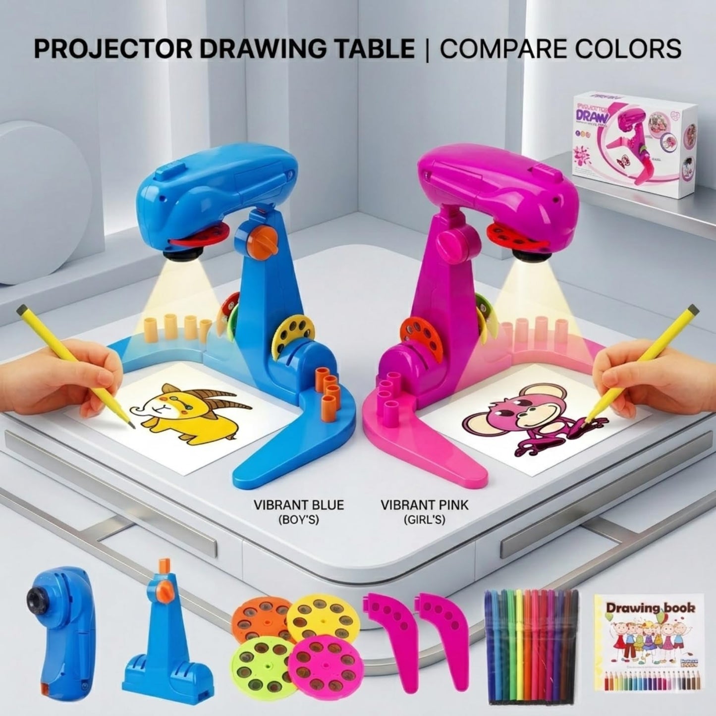 Drawing Projector Sketcher, Preschool Art Tracing Kit for Kids – Play-Based Learning Toy for Boys and Girls Ages 3+ with 4 Sturdy Discs, 32 Animal and Fruit Images, 12 Color Pen & 1 Pad of Paper
