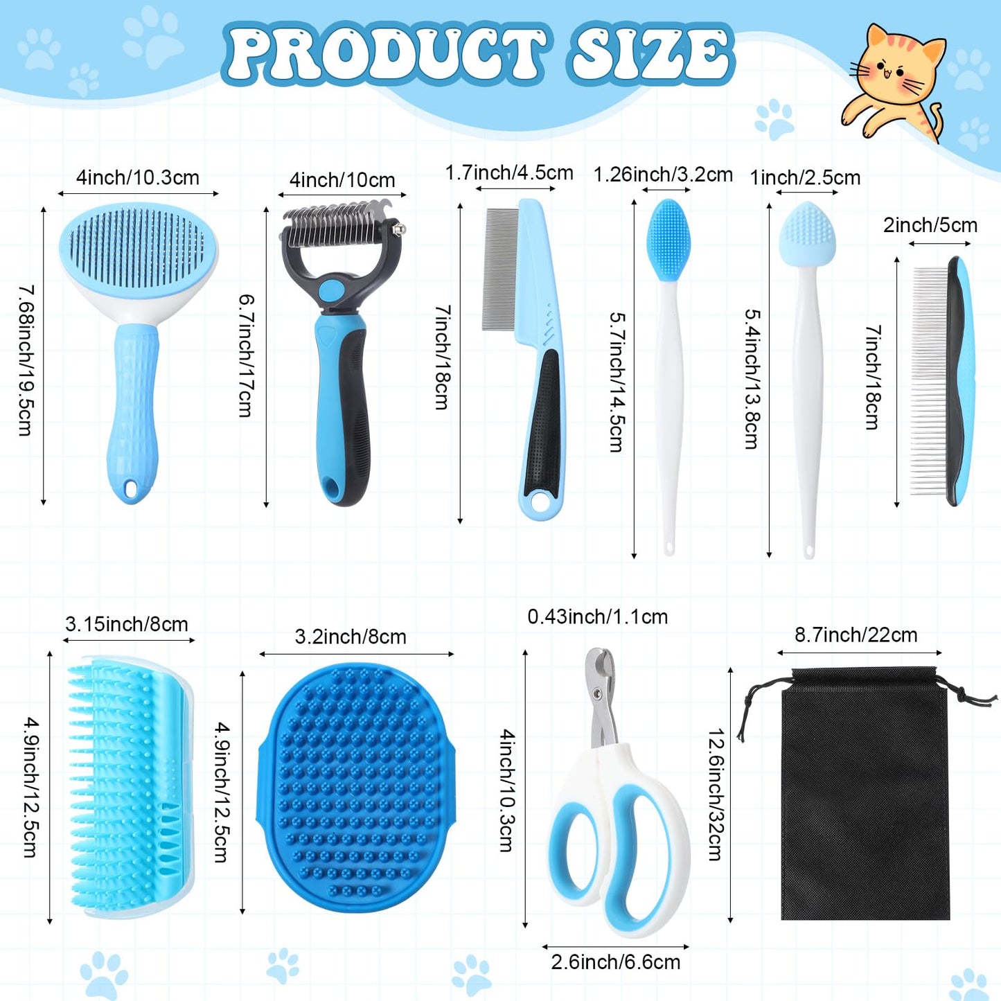 Teenyyou Cats Grooming Kit - 10 Pcs Pet Self Cleaning Kit for Indoor Long Hair Cats Include Brush Bath Brush Needle Comb Toothbrush Nail Clipper Nail Trimmer for Shedding Supplies