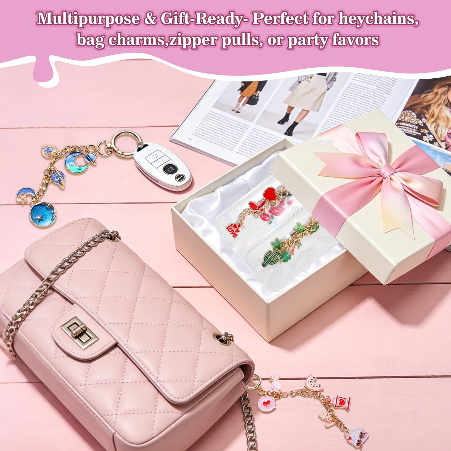 Riwiuue 352Pcs Lip Gloss Keychain Making Kit, DIY Charms Key Chain Making Kit with Bag Charm Supplies, Pendant, Jump Ring, Crab Clip, Pliers, Gift Bag & Tools for Mother's Day Party Gifts