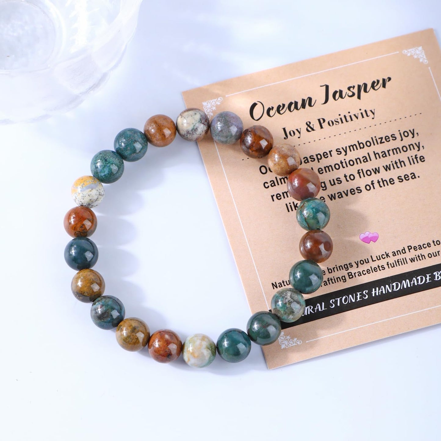 AD Beads 8mm Handmade Ocean Jasper Elastic Bracelet – Natural Gemstone for Joy & Positivity – Meditation, Yoga, Healing and Energy Gift for Men Women