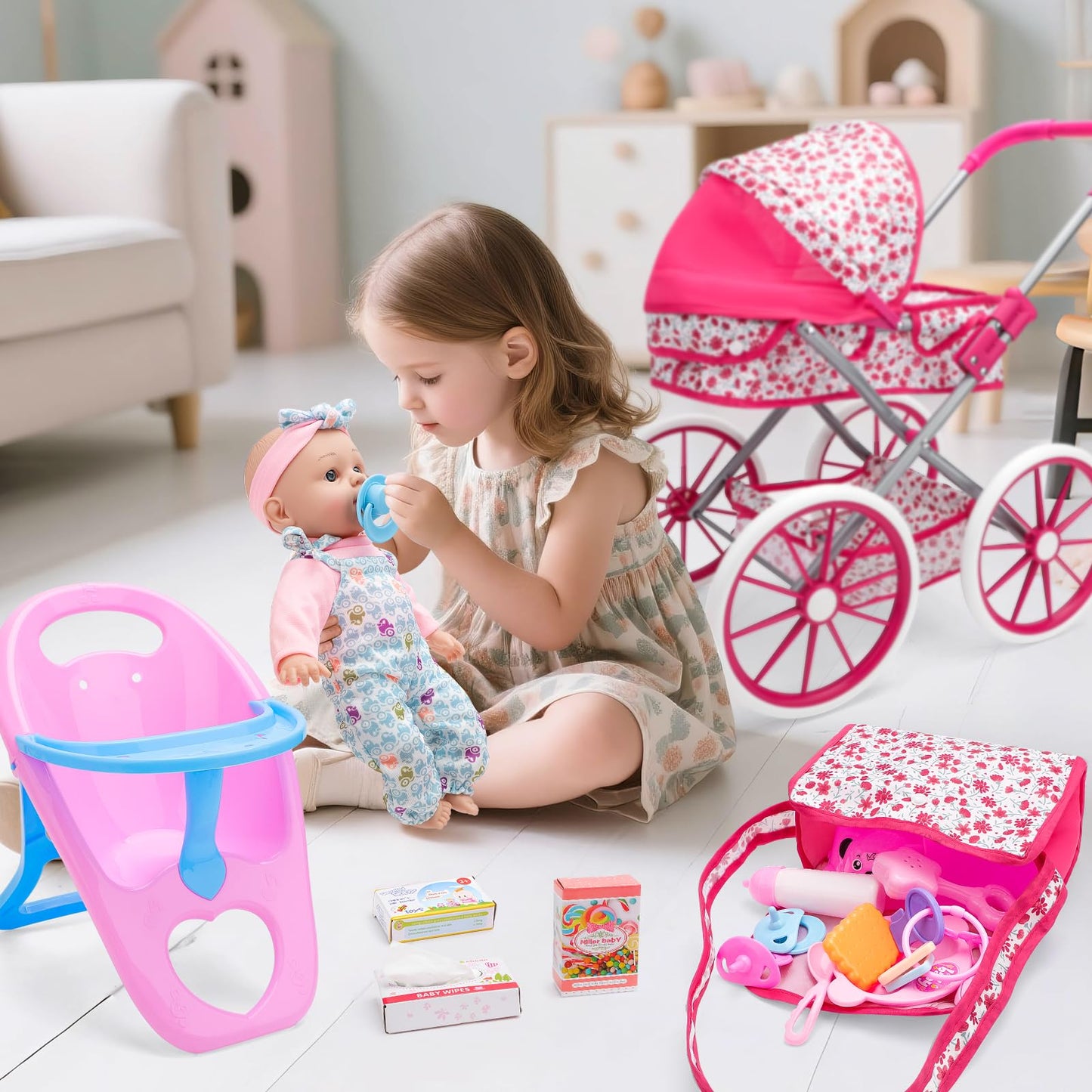 deAO Baby Doll Stroller Set Baby Doll Accessories Playset Pretend Play Toys with 12" Baby Doll,Foldable Stroller,2 Sets Doll Clothes High Chair Christmas Birthday Gift for Toddler Girls 3-7