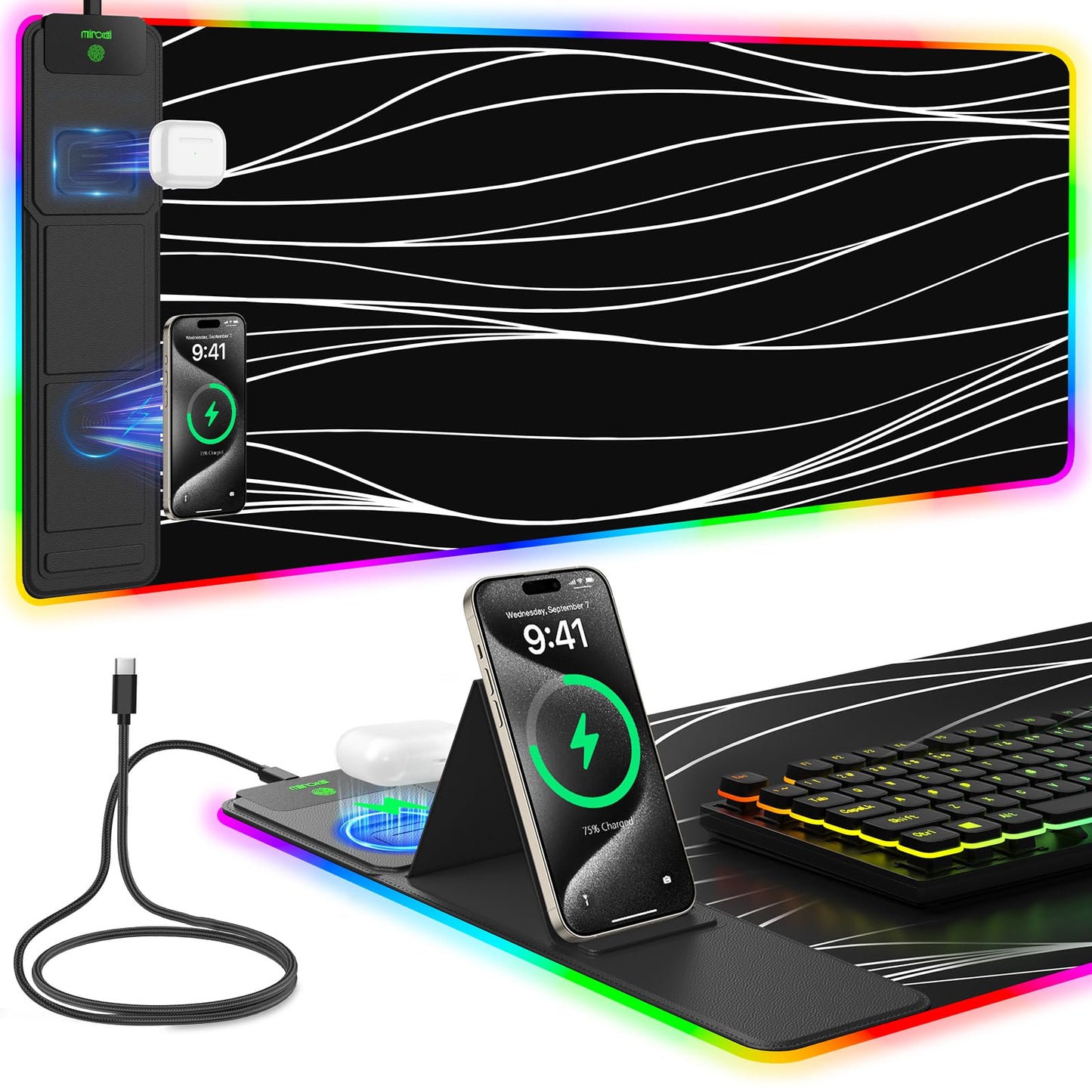 Mouse Pad with Foldable Phone Holder & Wireless Charger, XXL RGB Gaming Mousepad 31.5"x15.8" Large Desk Mat for Keyboard, Black Desk Pad with Dual Qi Charging Station | 11 Colors 5 Modes | Waterproof